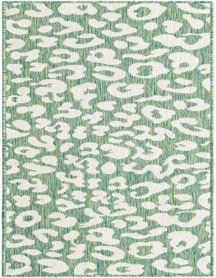 A 5 ft runner rug with a modern leopard print pattern in shades of blue, green, and white, suitable for indoor/outdoor use.