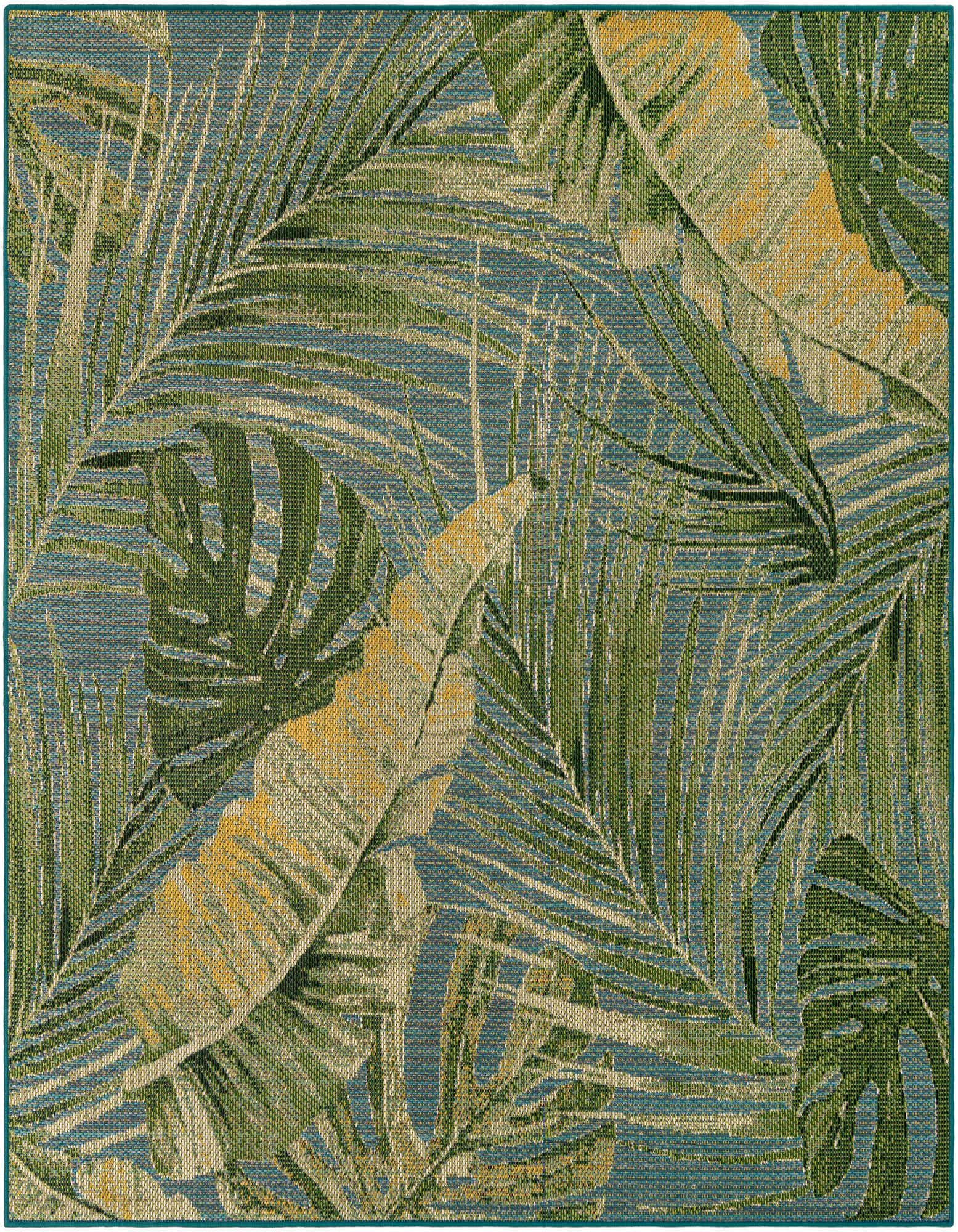 A square blue and green indoor/outdoor rug with a modern botanical pattern featuring large palm and banana leaves.