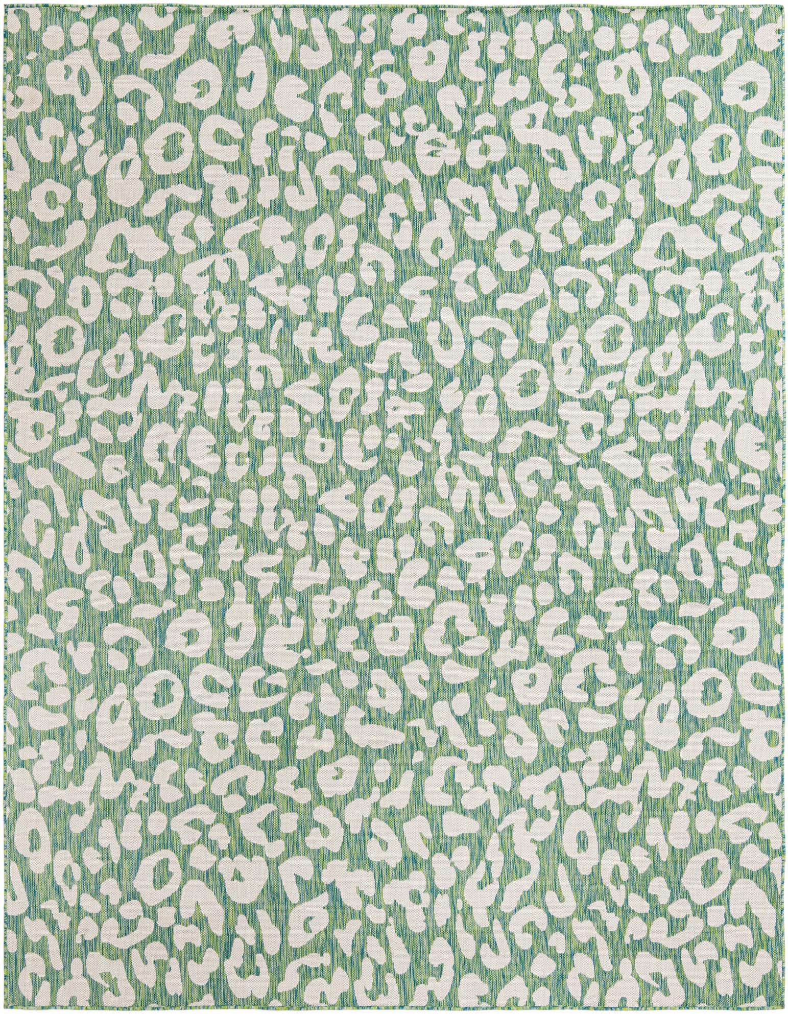 A 10'x10' square indoor/outdoor rug with a modern blue and green leopard print pattern.