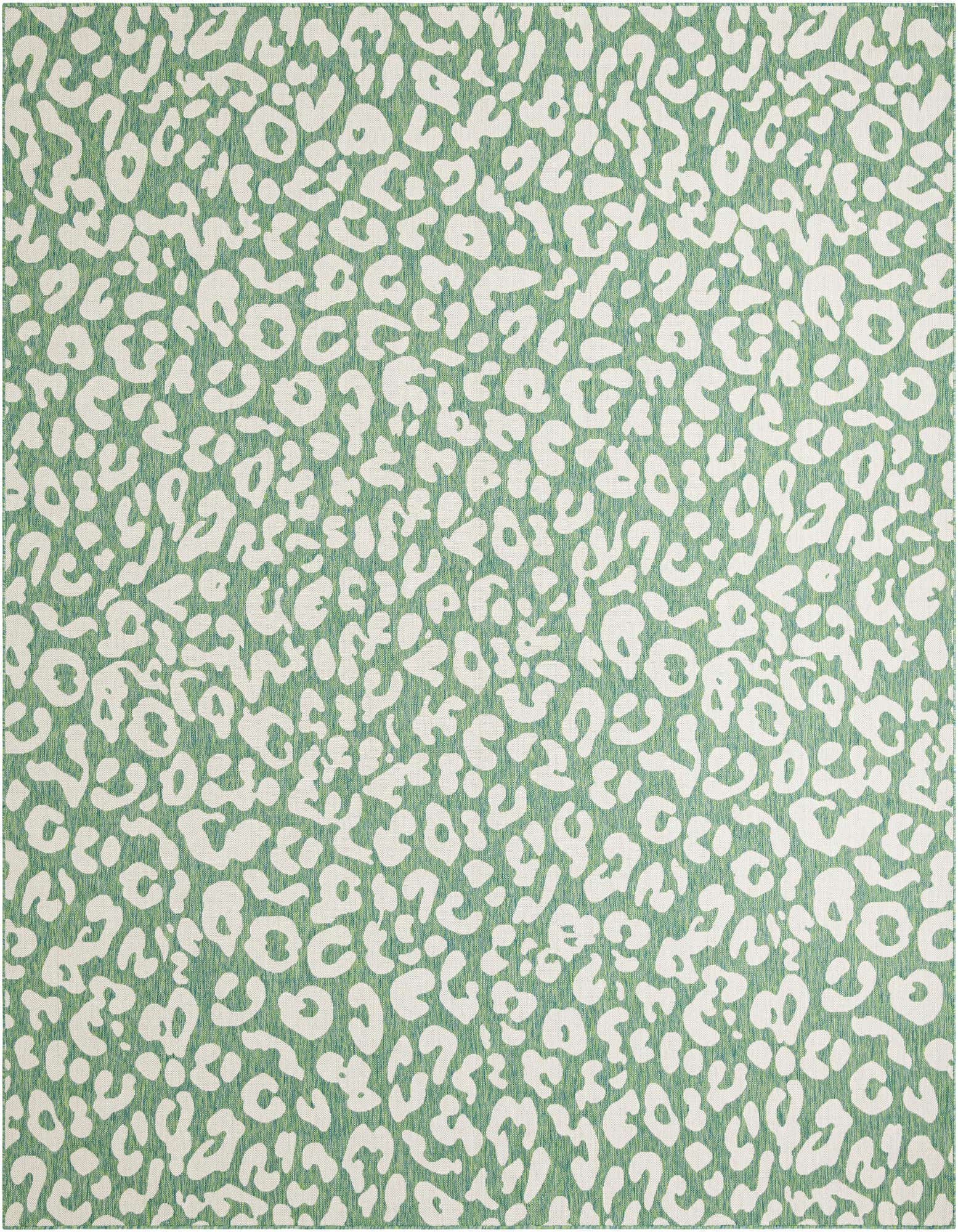 A 12'x12' square indoor/outdoor rug with a modern blue and green leopard print pattern.