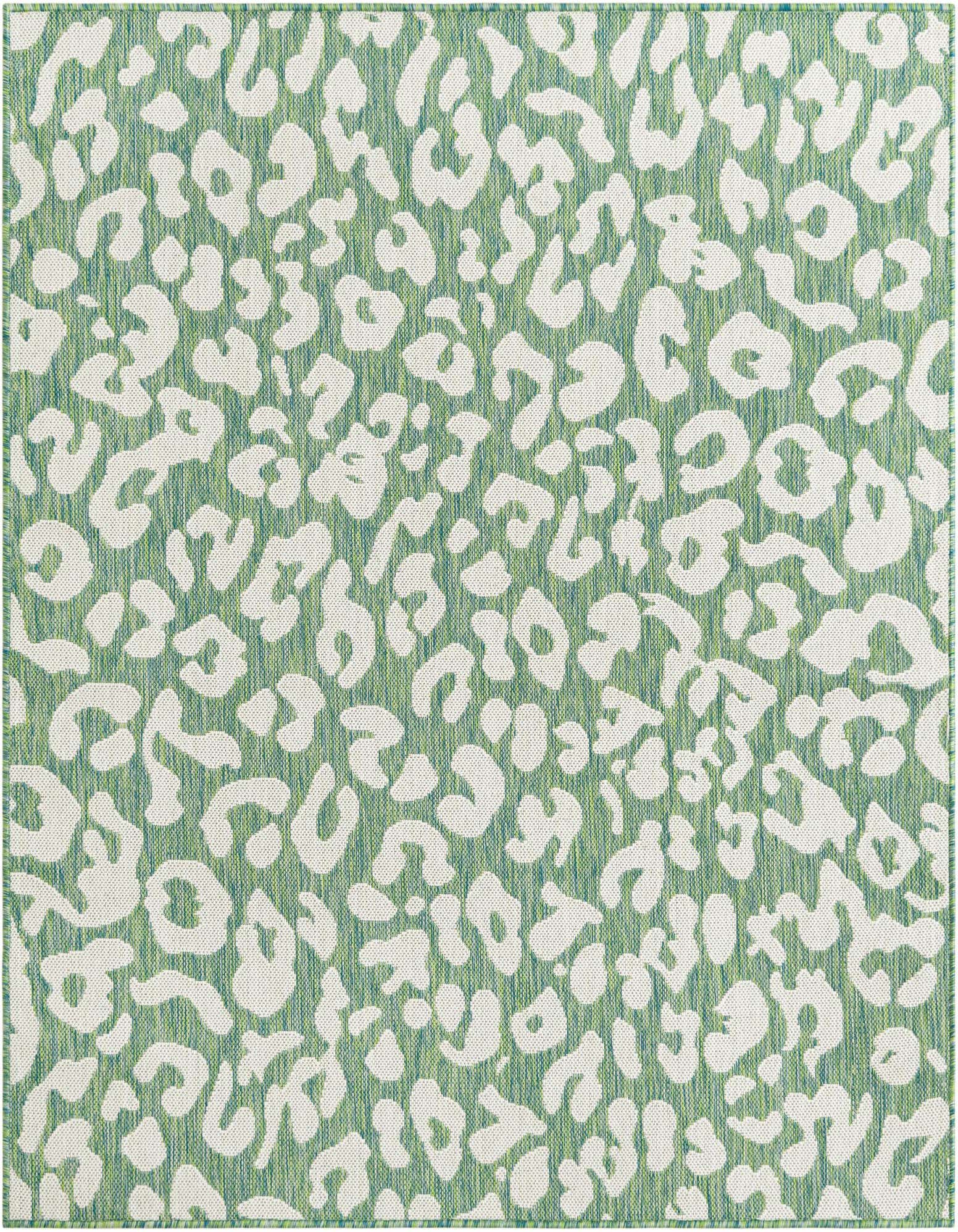 A square 5'3" x 5'3" indoor/outdoor rug with a modern blue and green leopard print pattern.