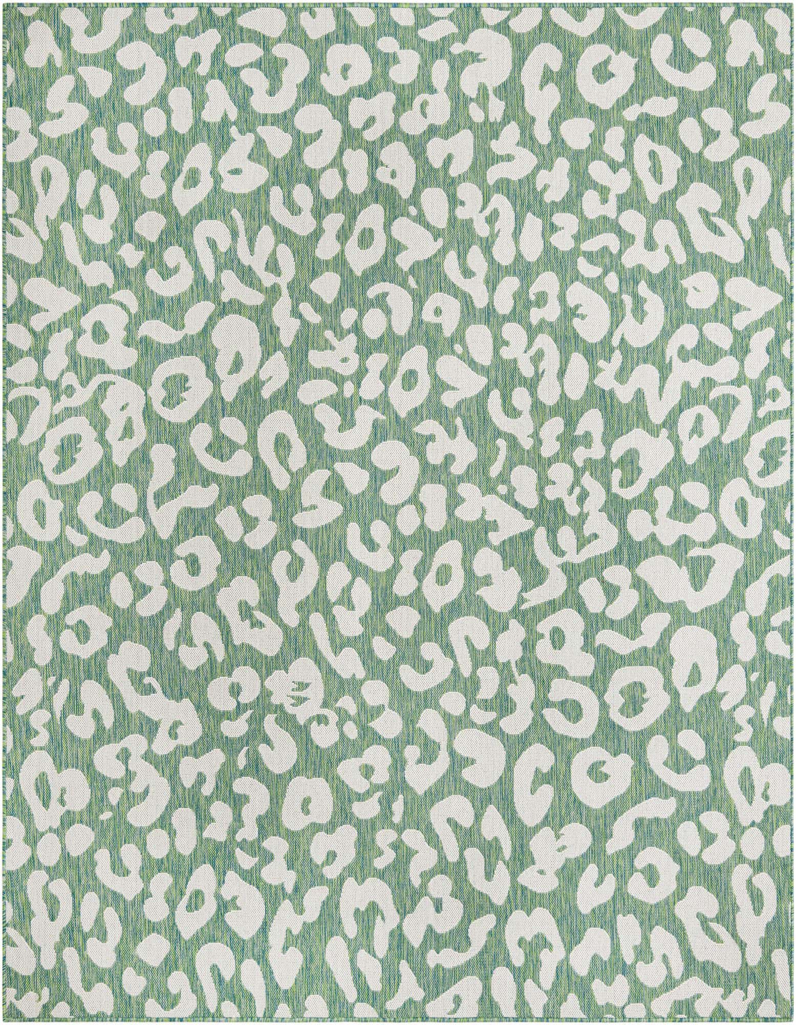 A 7' 10 x 7' 10 square rug with a modern blue and green leopard print pattern, suitable for indoor or outdoor use.
