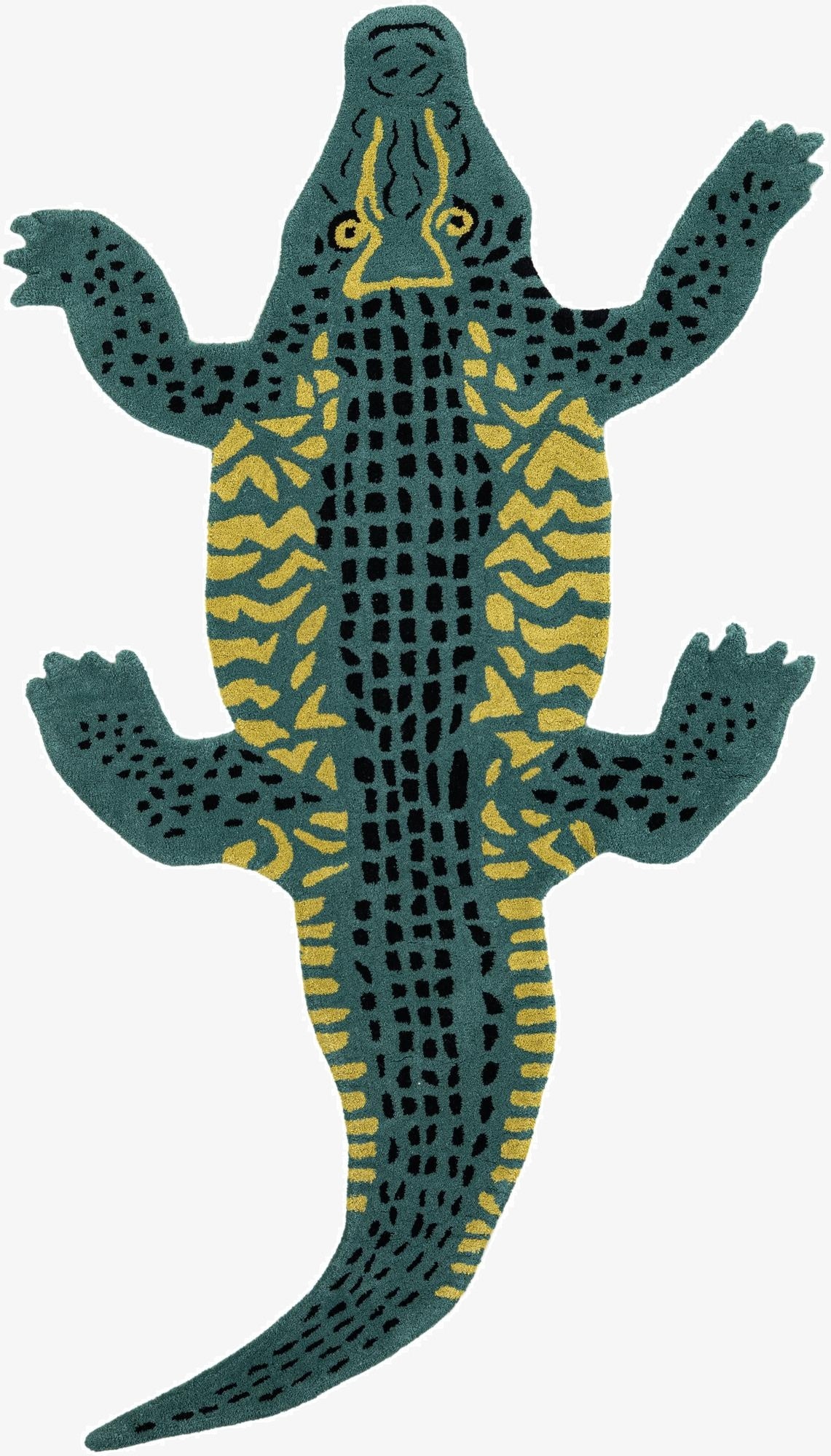 A 4'1" x 7'1" freeform green rug shaped like an alligator with yellow and black scale patterns, ideal for a child's playroom.