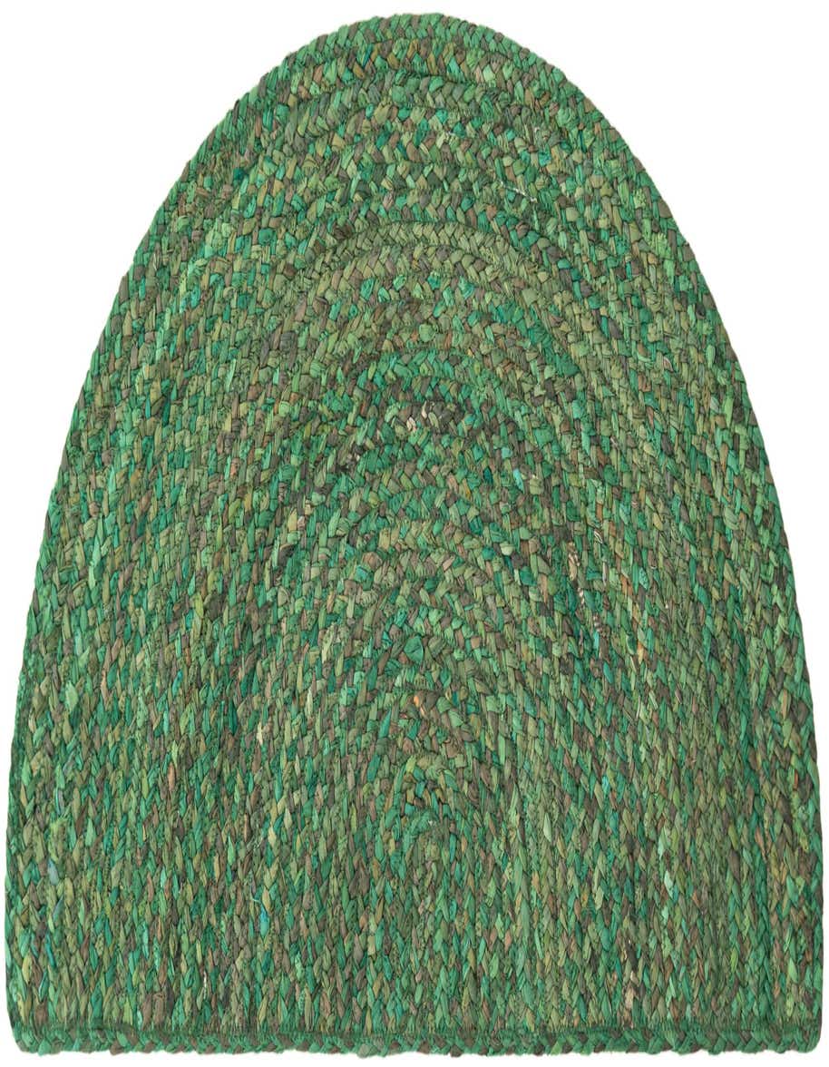 A 2' 2 x 3' 7 hearth-shaped rug in various shades of green, featuring a tightly braided, textured cotton weave.