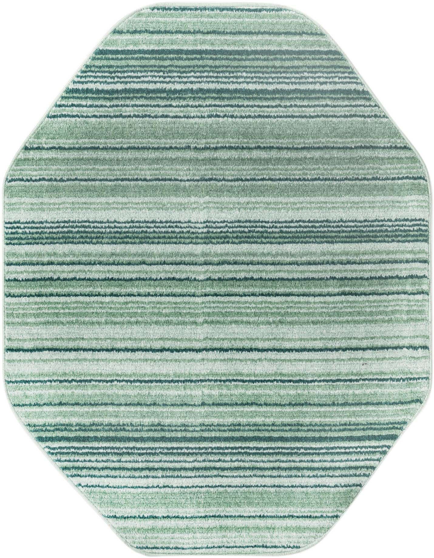 A 4'x4' octagon rug with varying shades of green horizontal stripes, featuring a textured, high pile.