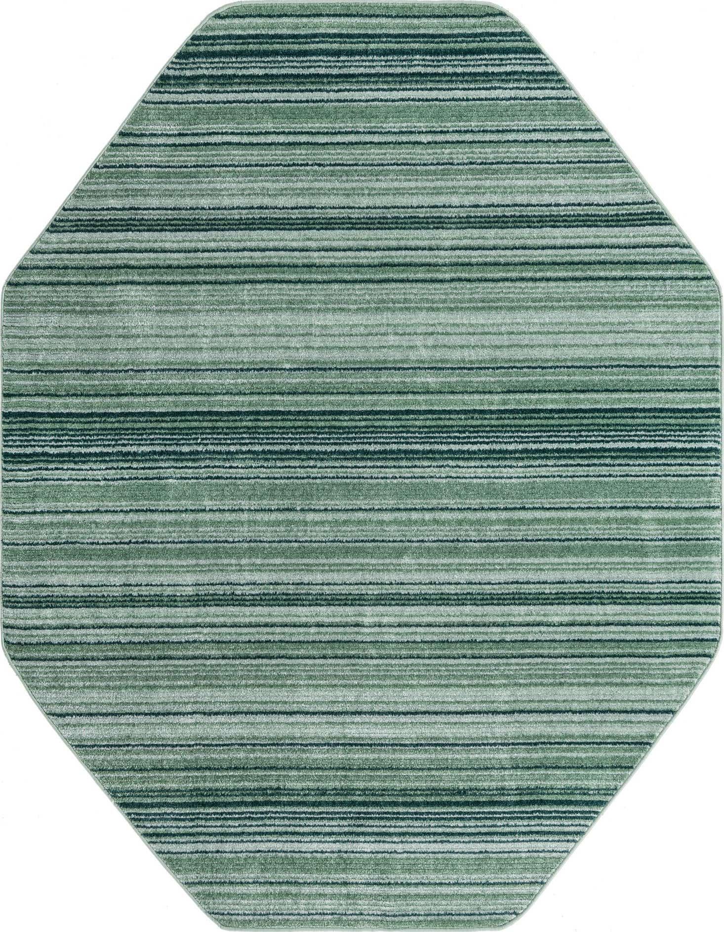 A 7' 3 x 7' 3 octagon-shaped Rugs.com Gemstone rug featuring varying shades of green horizontal stripes, ideal for an indoor living space.