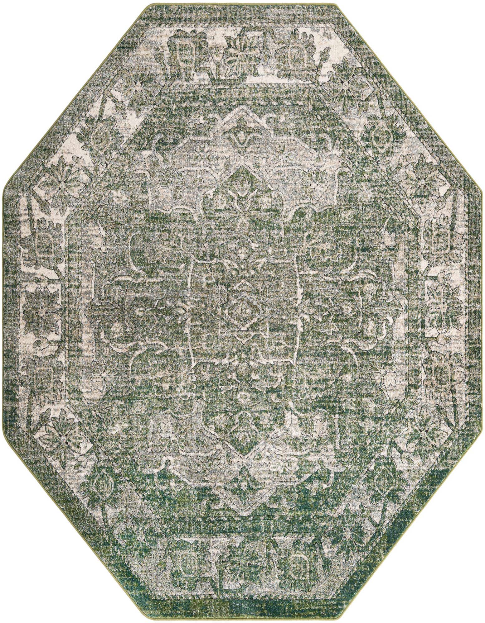 An octagon-shaped Isabella Collection rug by Rugs.com, featuring a distressed green and cream traditional medallion pattern.