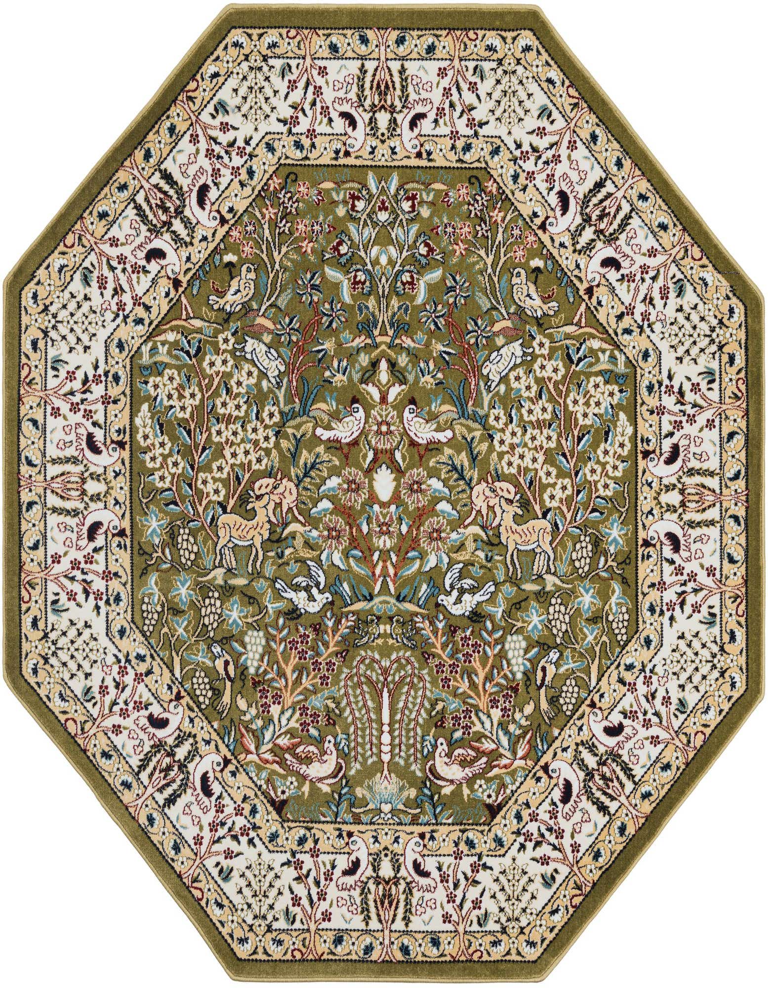An octagon-shaped green rug with a traditional botanical pattern featuring deer, birds, and intricate floral motifs.
