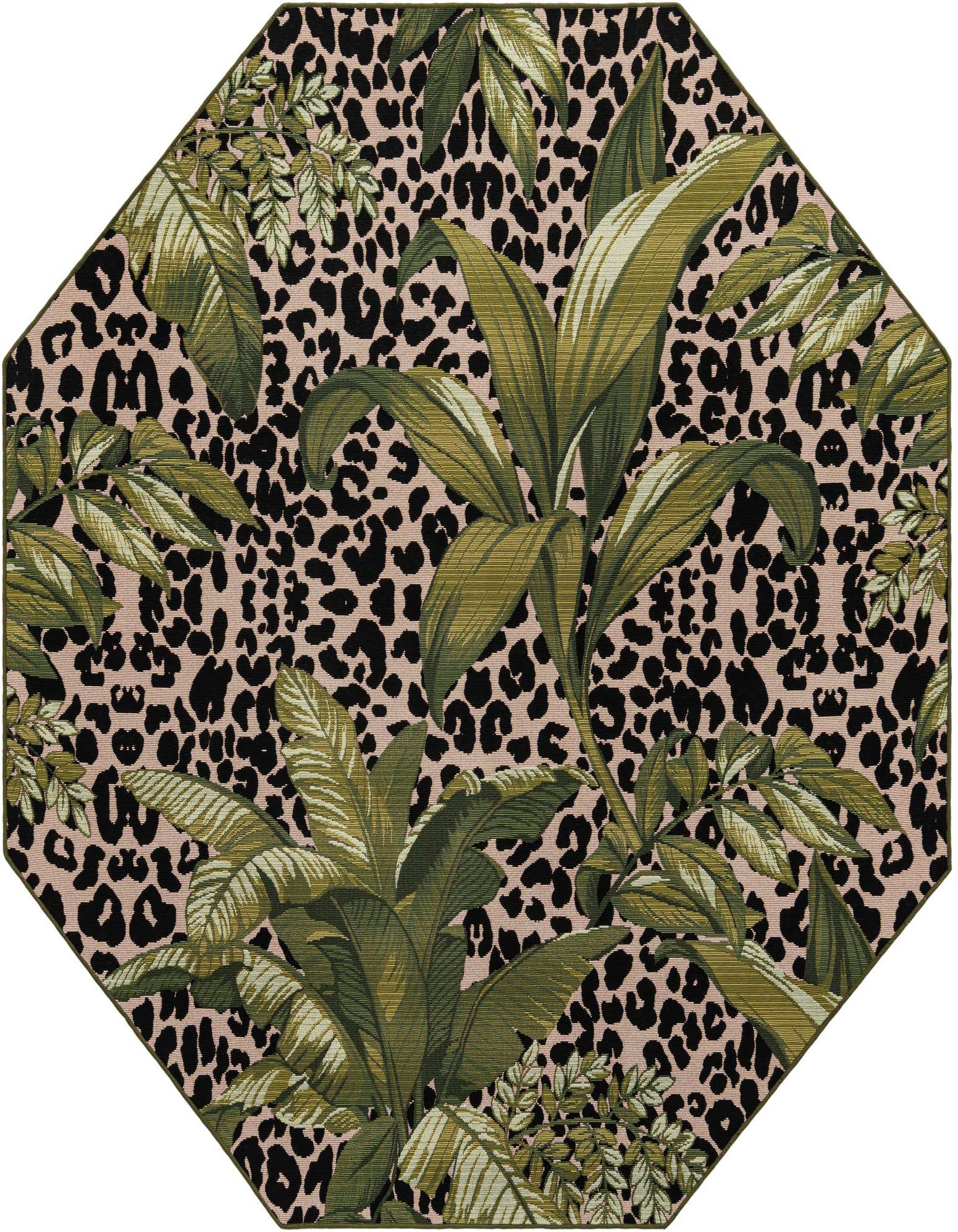 7' Octagon rug with a bold green botanical leaf pattern over a light pink and black leopard print background.
