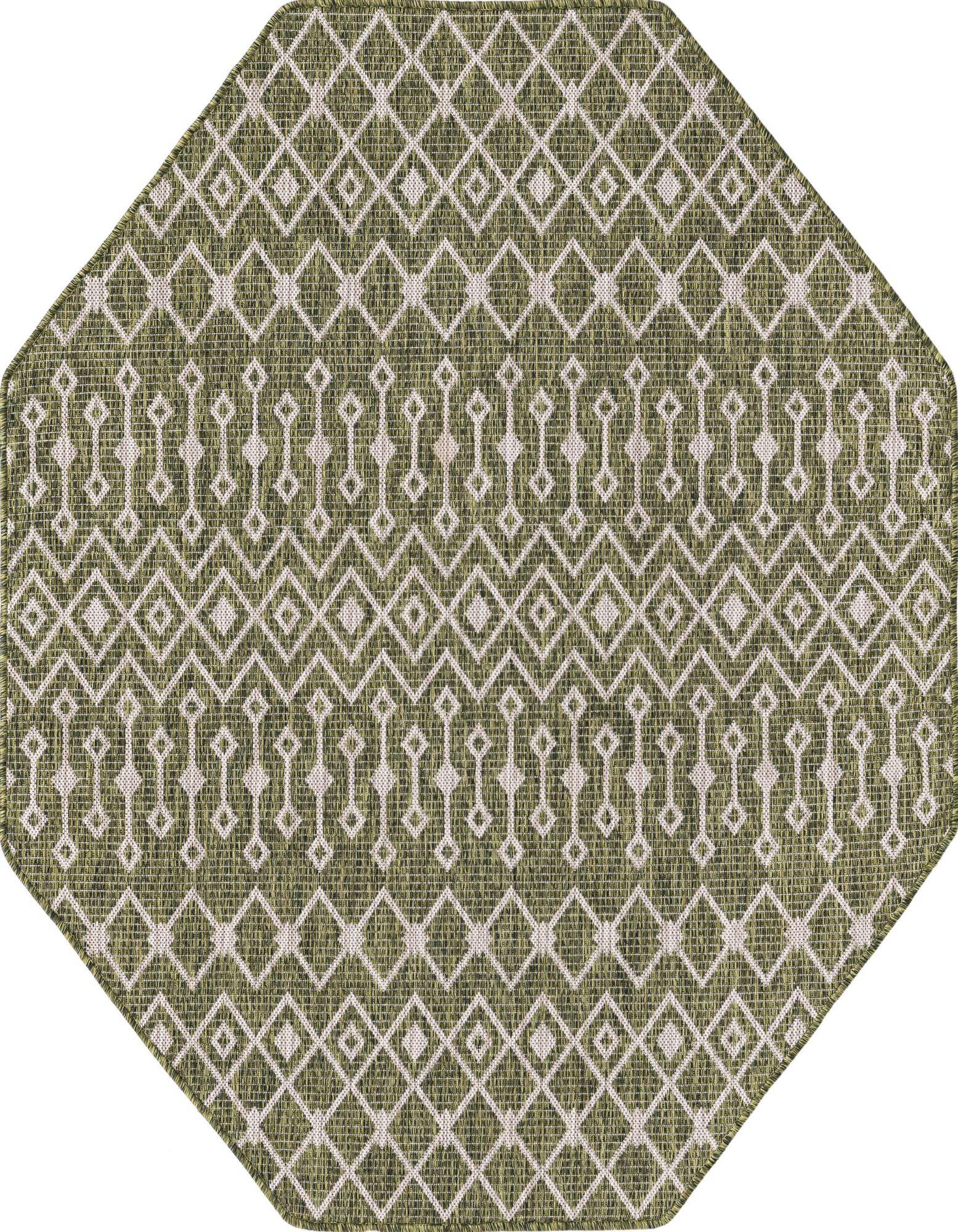 Octagon-shaped green and white tribal pattern rug, ideal for indoor or outdoor spaces like a patio.