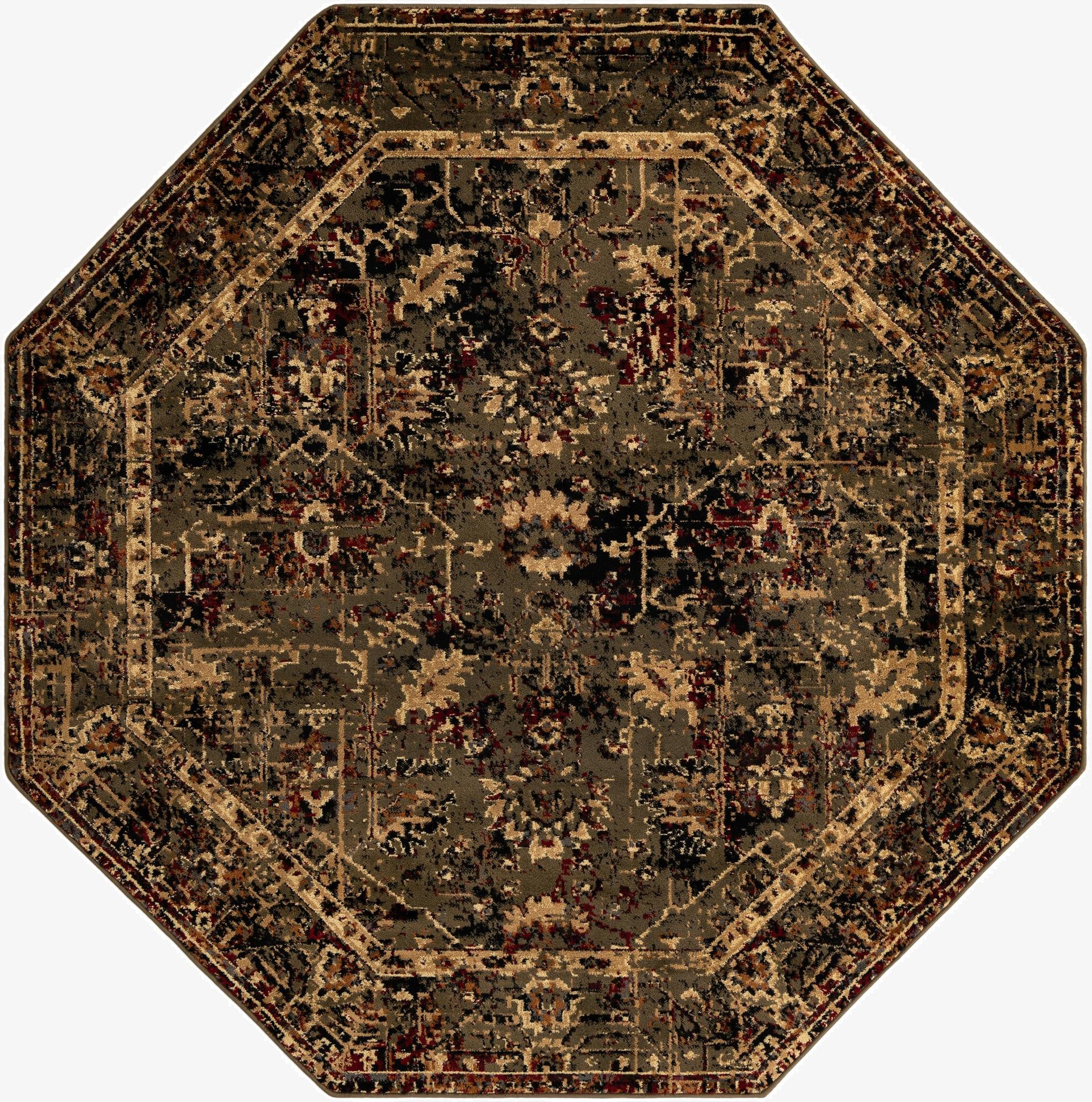 An 7' 10 x 7' 10 octagon green traditional rug with a distressed floral and tribal pattern in shades of green, black, gold, and red.