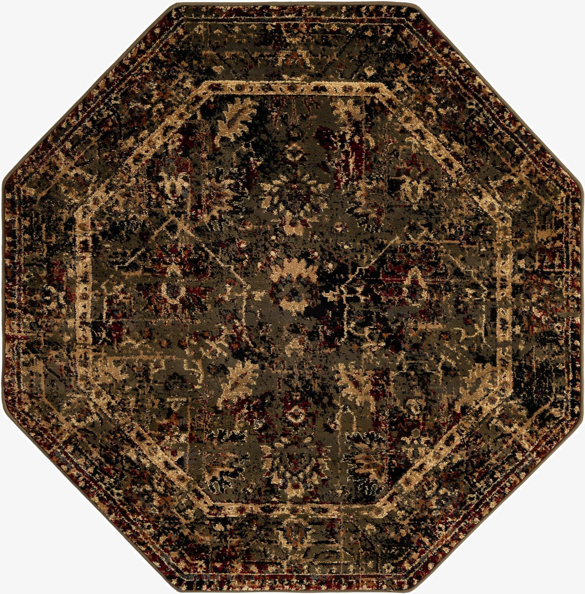 Octagon rug with a distressed traditional floral pattern in shades of green, black, red, and gold.