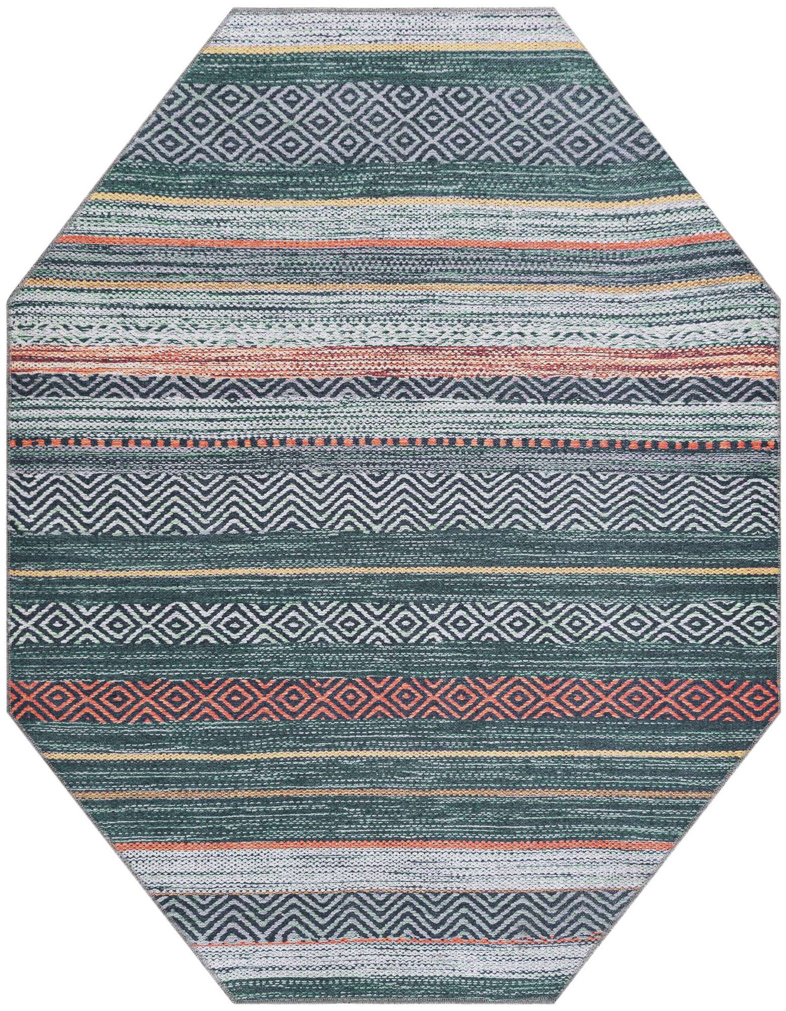 Octagon-shaped Yara rug by Rugs.com featuring green, orange, and yellow stripes with geometric patterns.