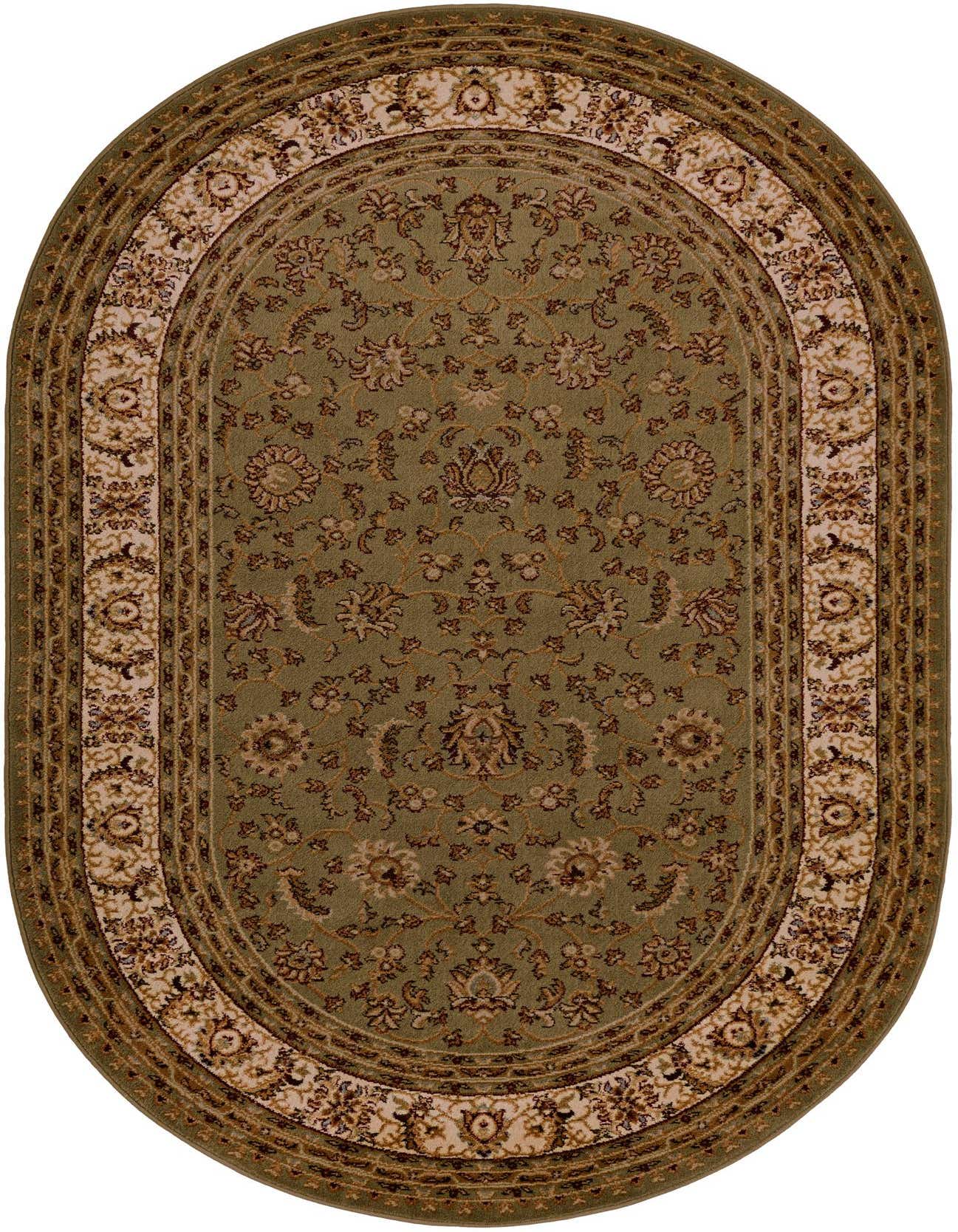 An oval 5' 3 x 8' 0 green traditional rug with an oriental floral pattern and a detailed border.
