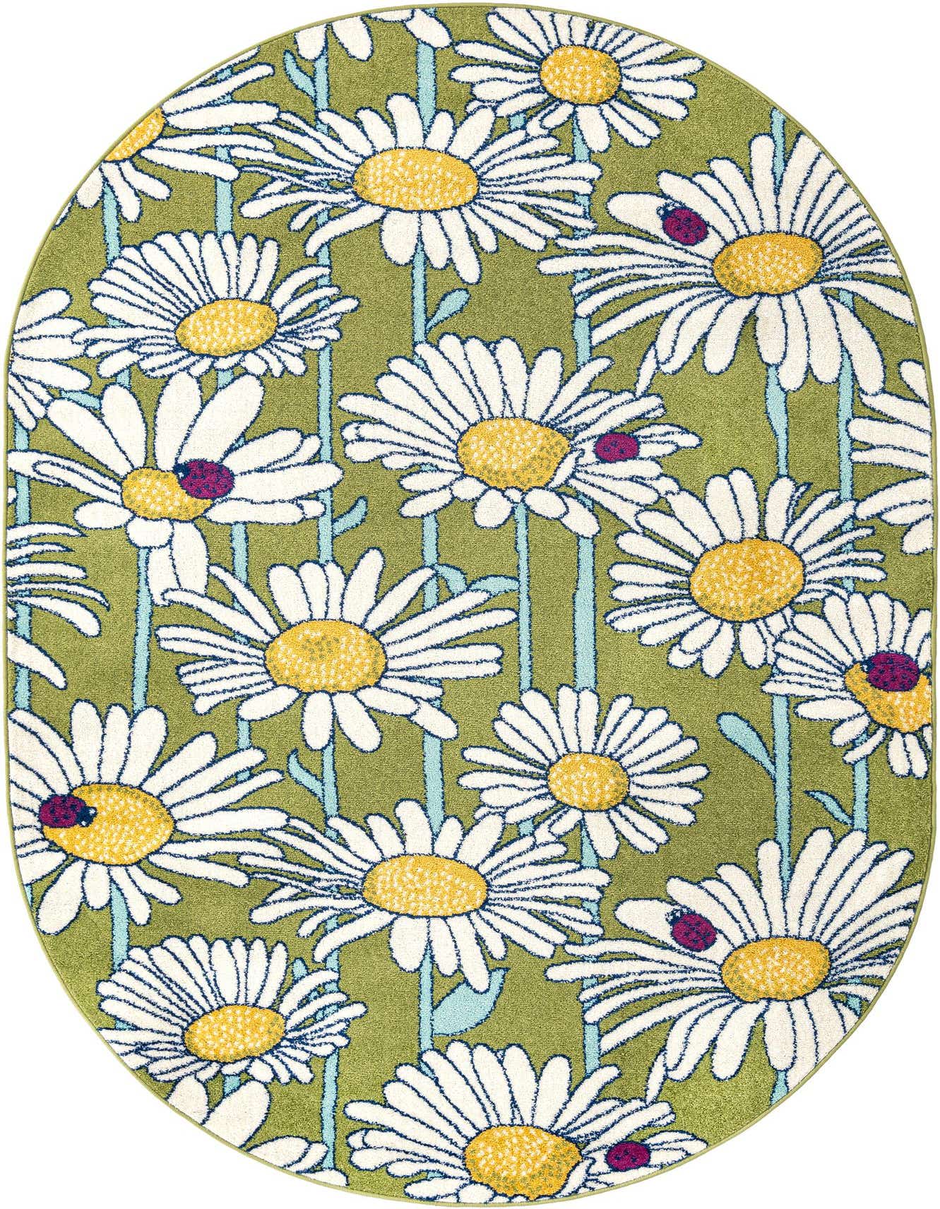 An oval green rug featuring a vibrant, repeating pattern of white daisies with yellow centers and small purple ladybugs.