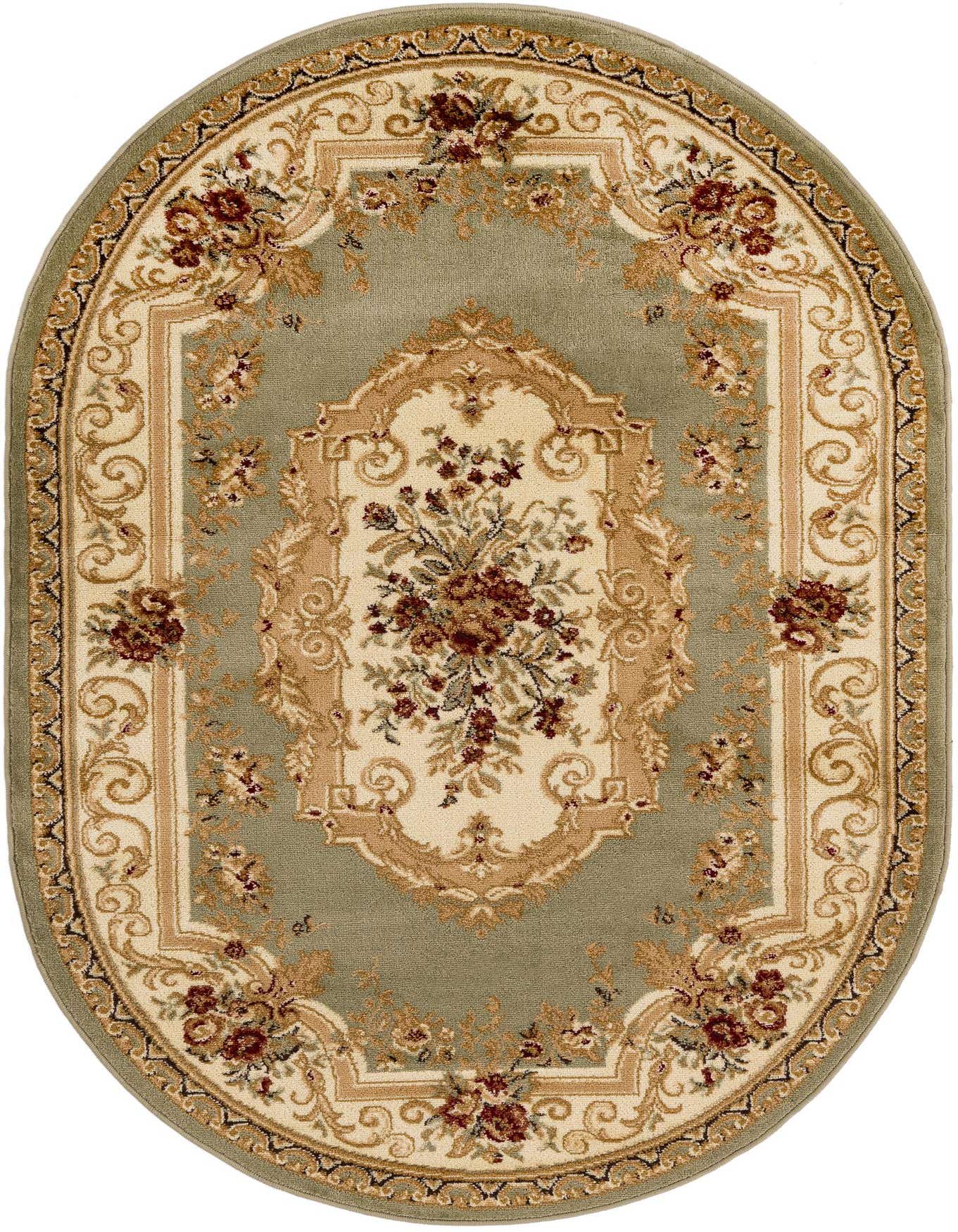 An oval 4'x6' green traditional rug with a central medallion and floral motifs in cream, gold, and red.