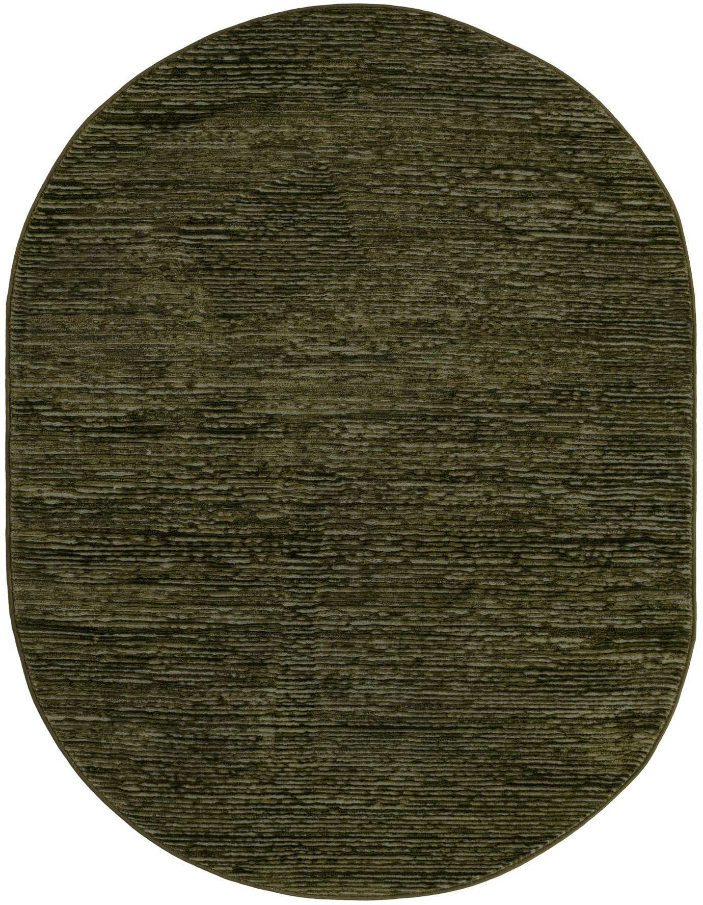 A 4'x6' oval green rug with a textured, striped pattern, ideal for an indoor patio setting.