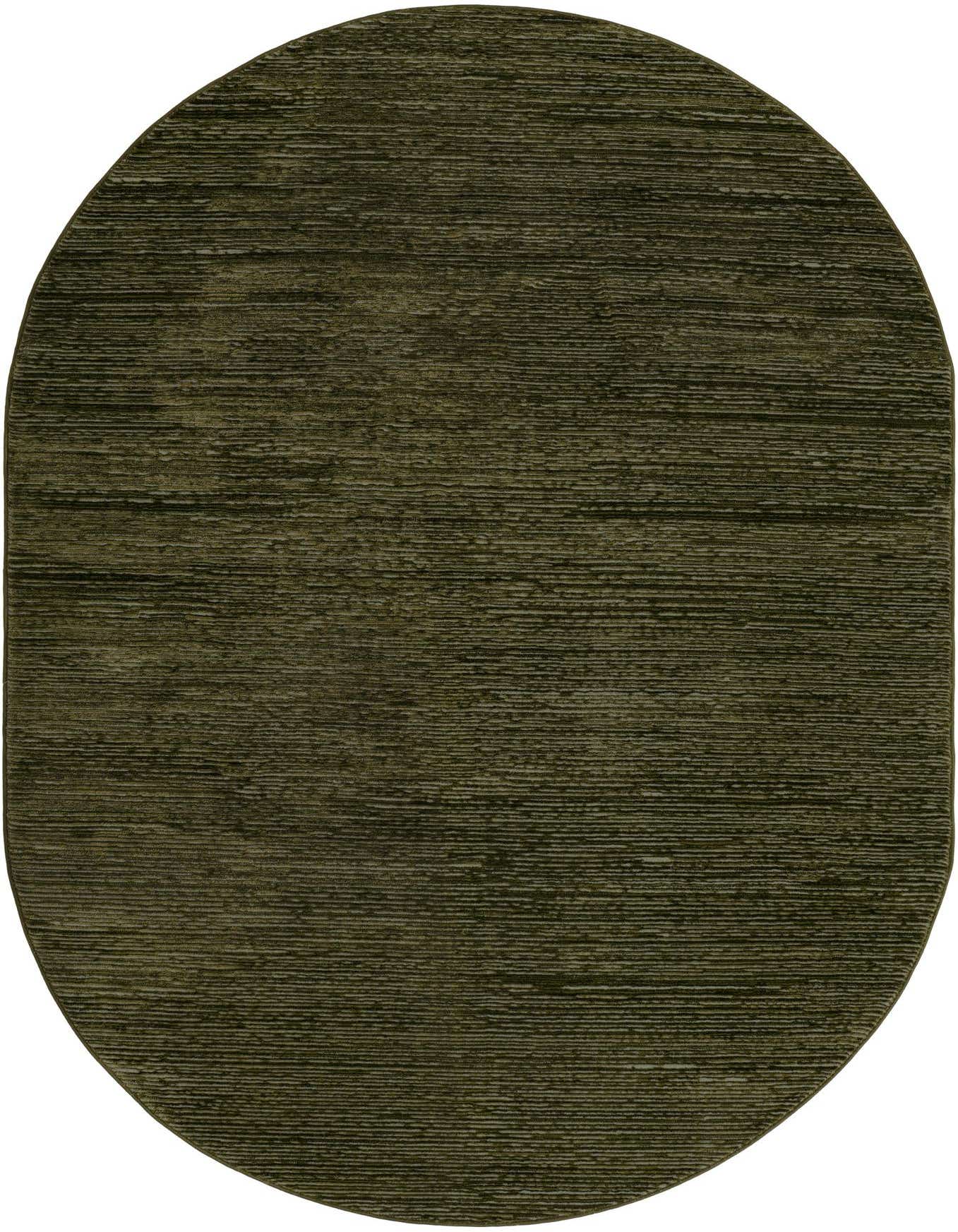An oval 6' x 9' green area rug with a textured, horizontal striped pattern, suitable for indoor spaces.