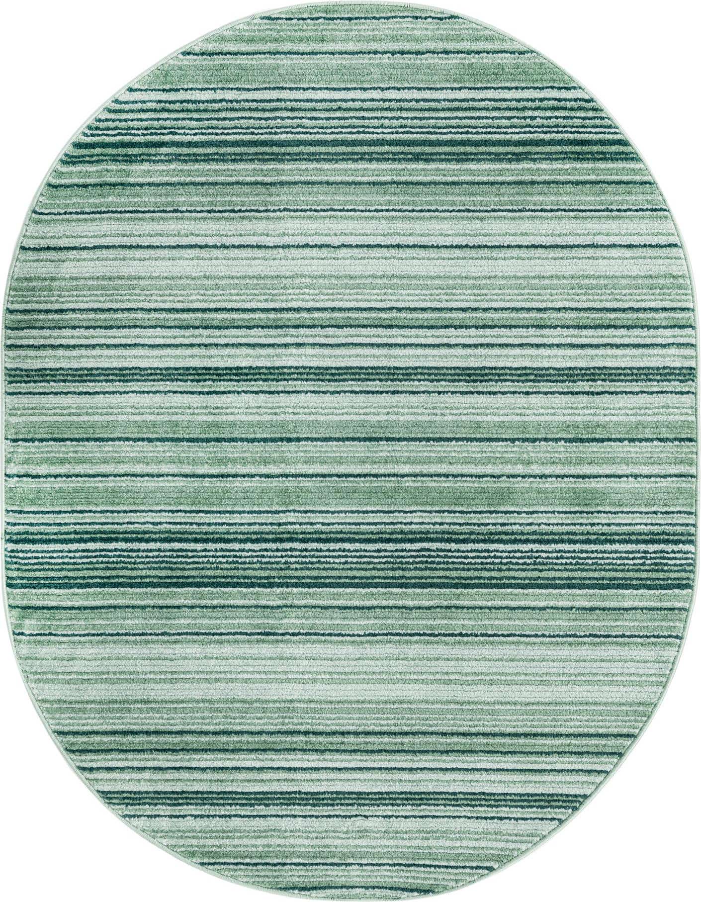 A 4' 0 x 6' 3 oval green rug with horizontal stripes in varying shades of green, featuring a textured pile.