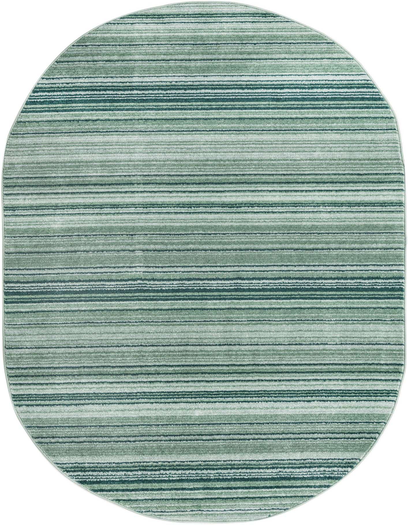 A 5' 3 x 8' 0 oval rug from the Gemstone Collection featuring horizontal stripes in varying shades of green, creating a modern, textured look.