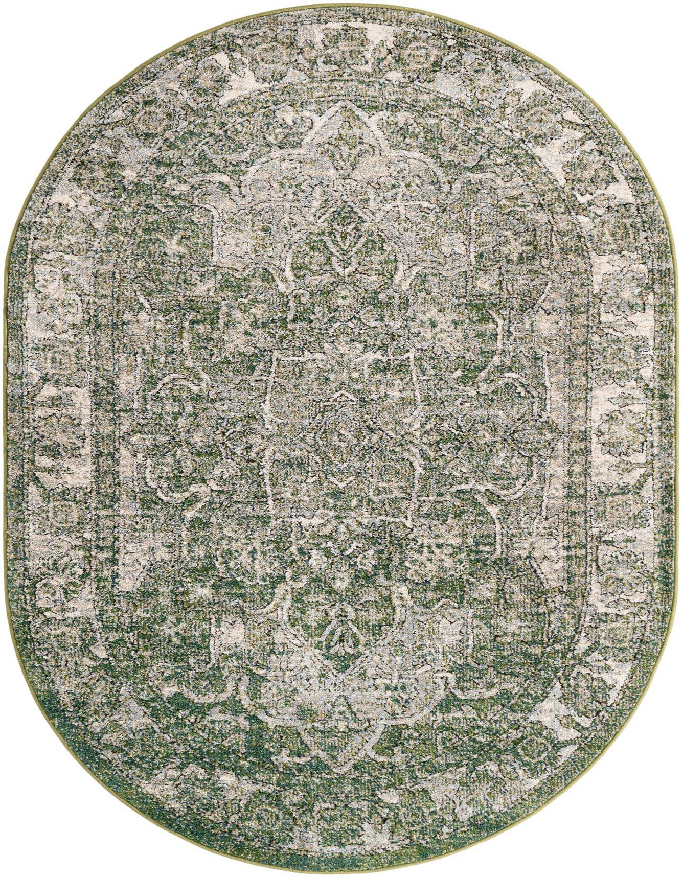 An oval 4'x6' green and cream traditional medallion rug with a vintage distressed look, suitable for an indoor living space.