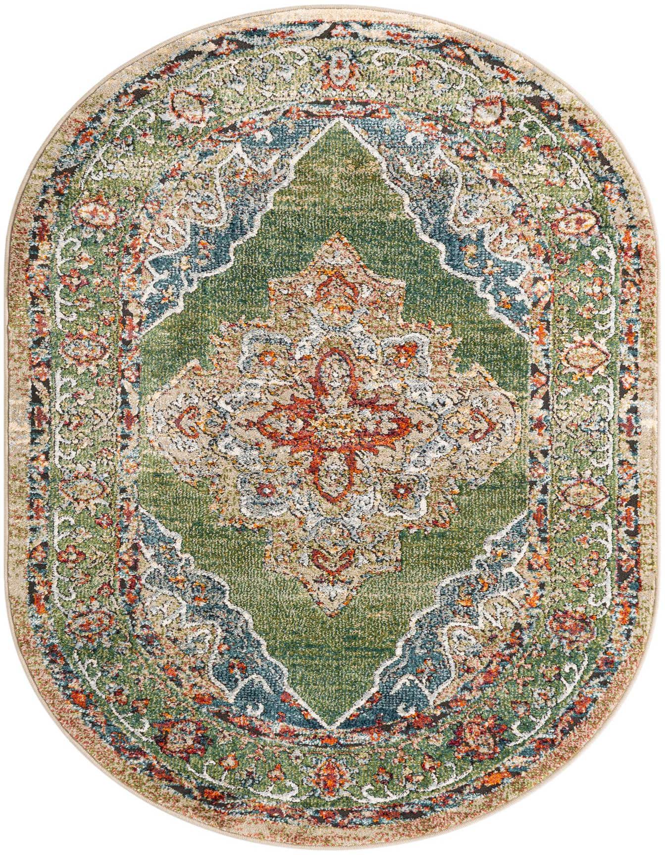 An oval 4'x6' Isabella rug with a distressed traditional medallion pattern in shades of green, blue, orange, and beige.