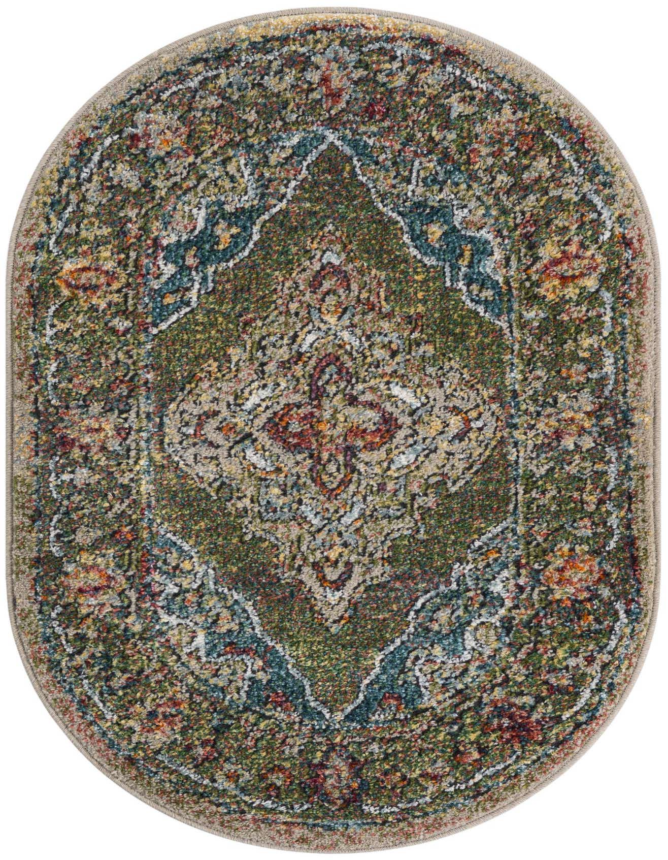 A 2'x3' oval Isabella Collection rug featuring a distressed traditional medallion pattern in shades of green, rust, and blue.