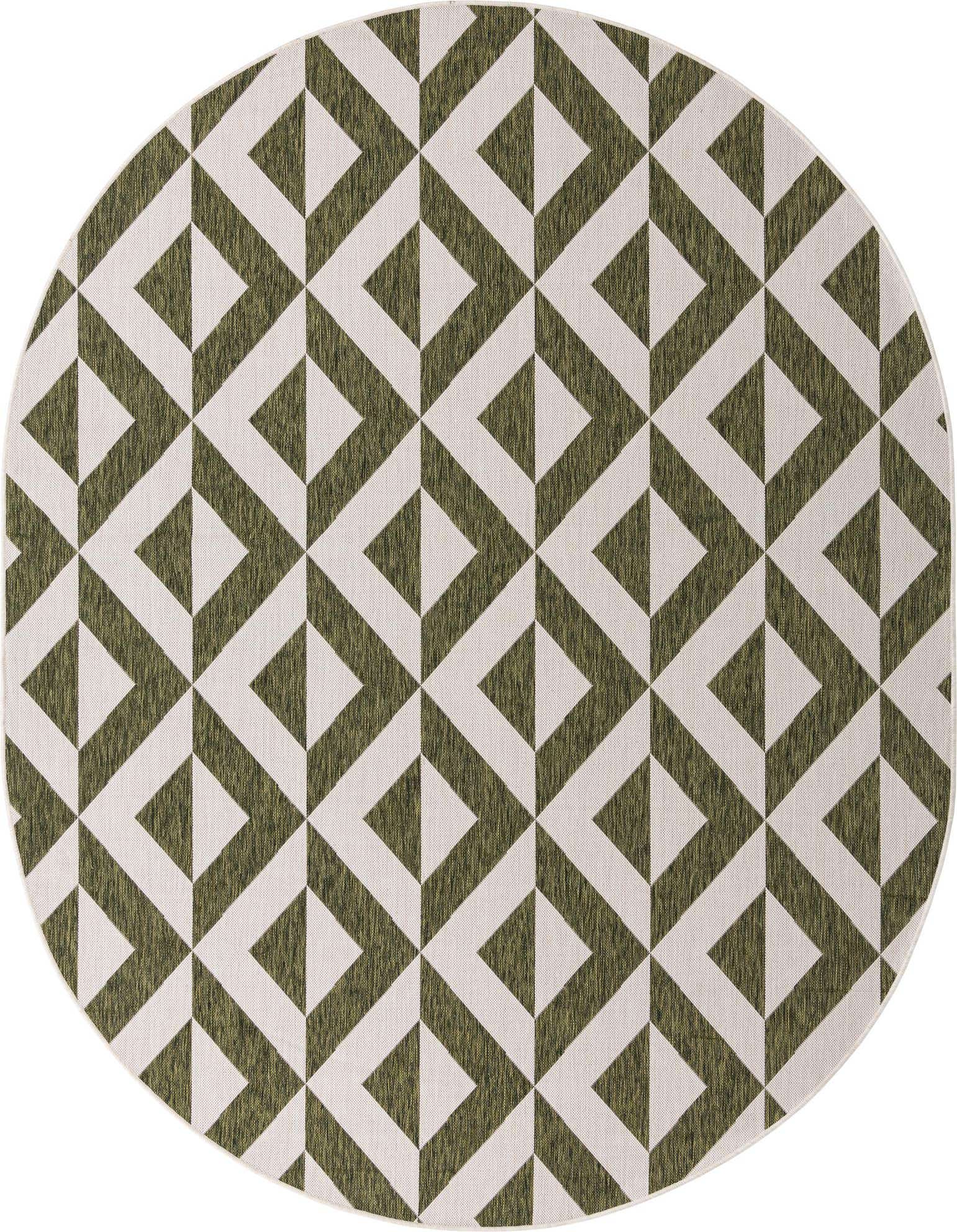 An oval 7' 10 x 10' 0 Jill Zarin Outdoor rug featuring a modern green and white geometric trellis pattern, suitable for a patio.