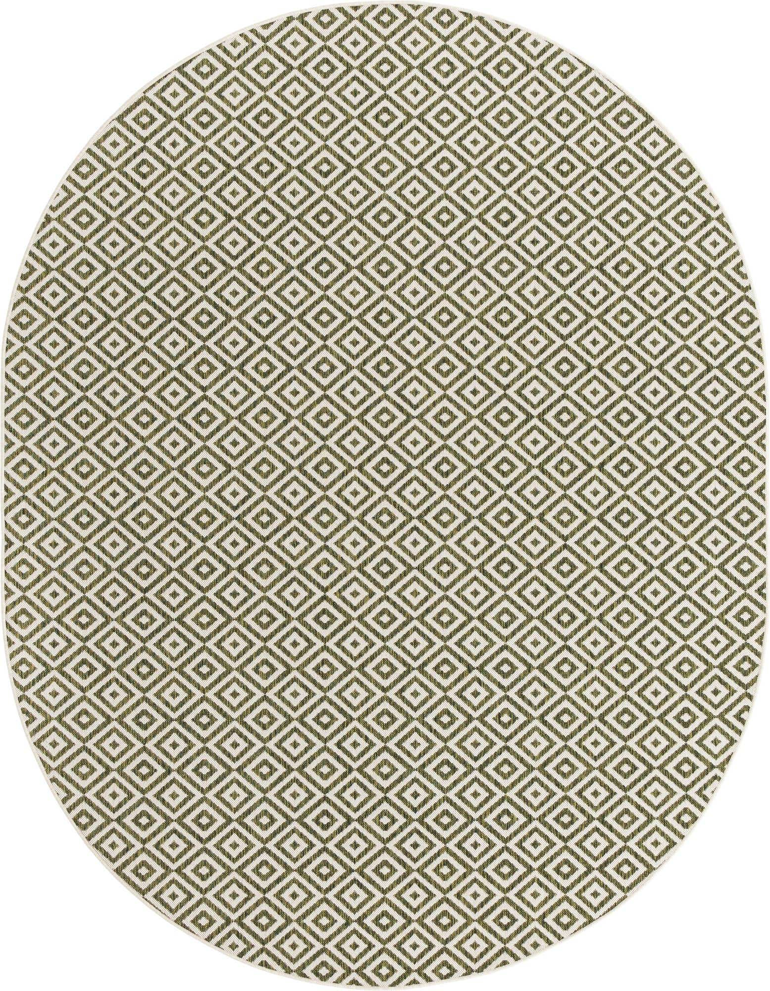 An oval green and white trellis pattern rug, ideal for adding a modern bohemian touch to an indoor or outdoor patio space.