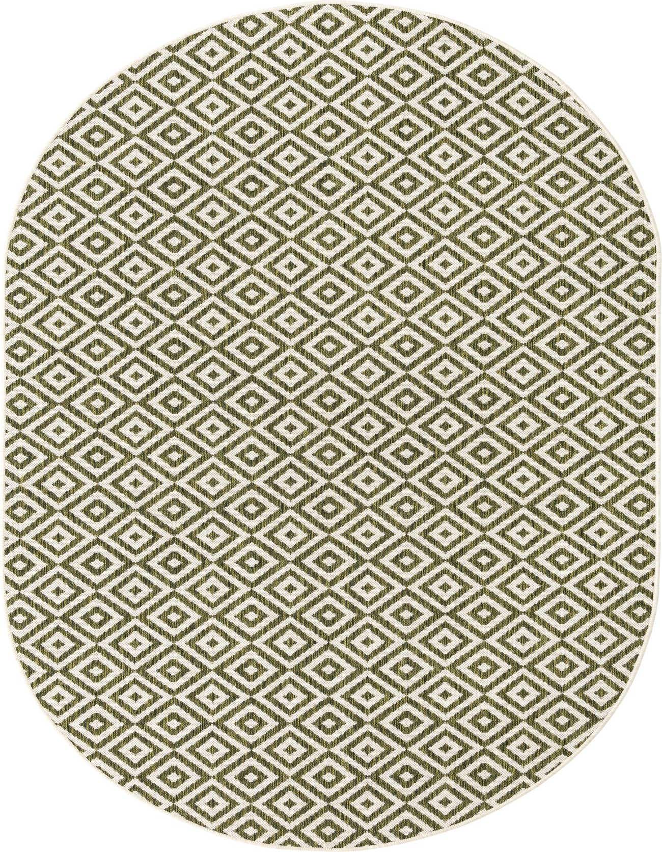 An oval 5'3" x 8'0" Jill Zarin Outdoor rug featuring a modern green and white trellis pattern, suitable for a patio.