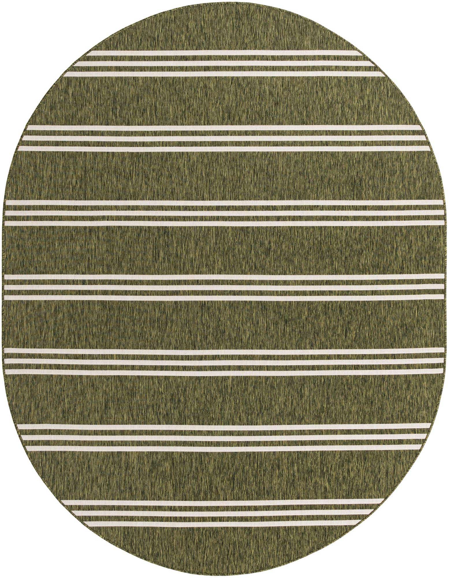 An oval green indoor/outdoor rug with thin horizontal white stripes, ideal for a patio or deck.