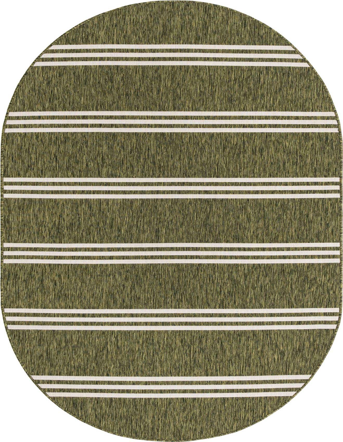 Oval green and white striped indoor/outdoor rug with a textured flatweave, ideal for a patio or deck.