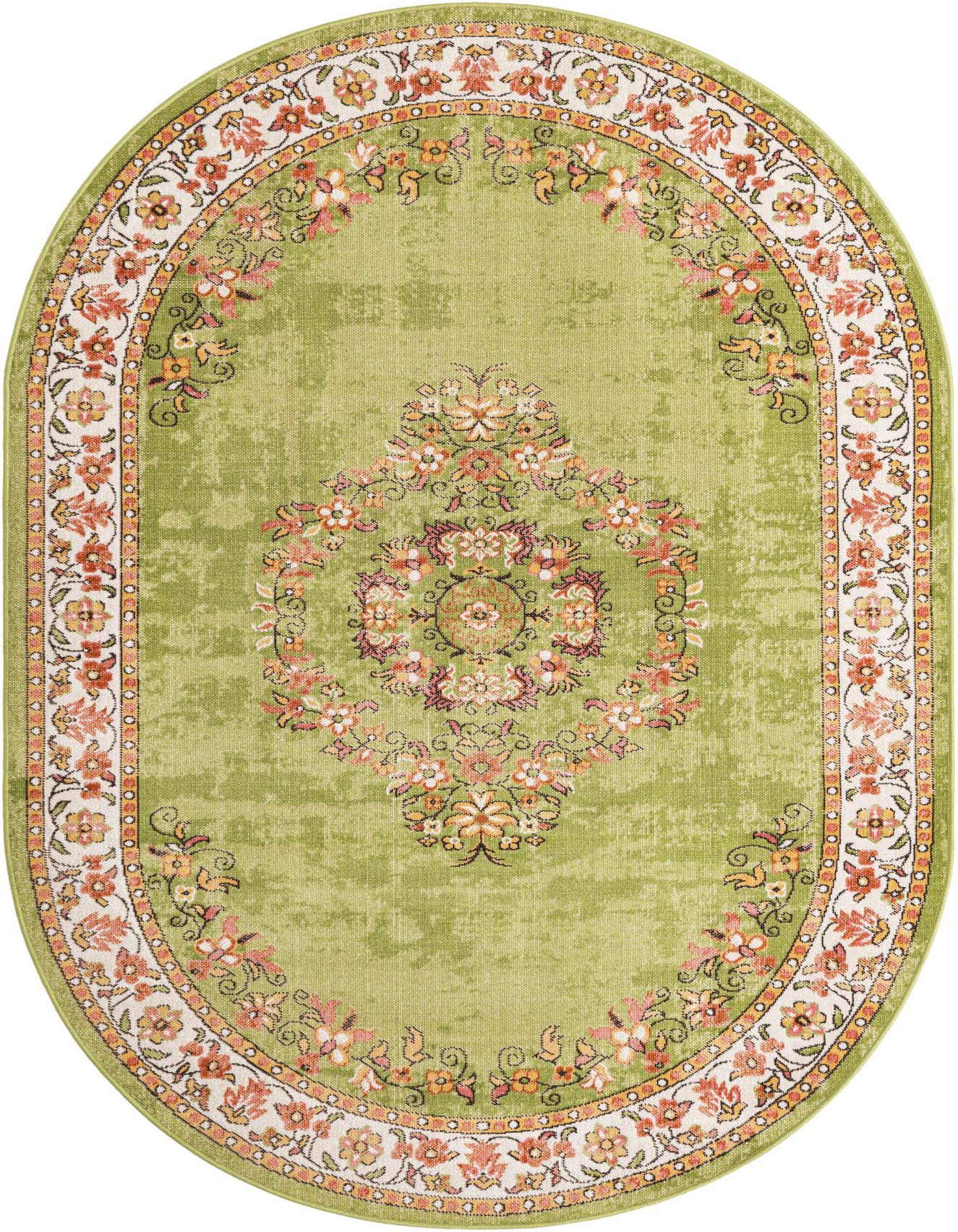 A 5'3" x 8'0" oval green rug with a distressed floral medallion pattern and a white and orange floral border.
