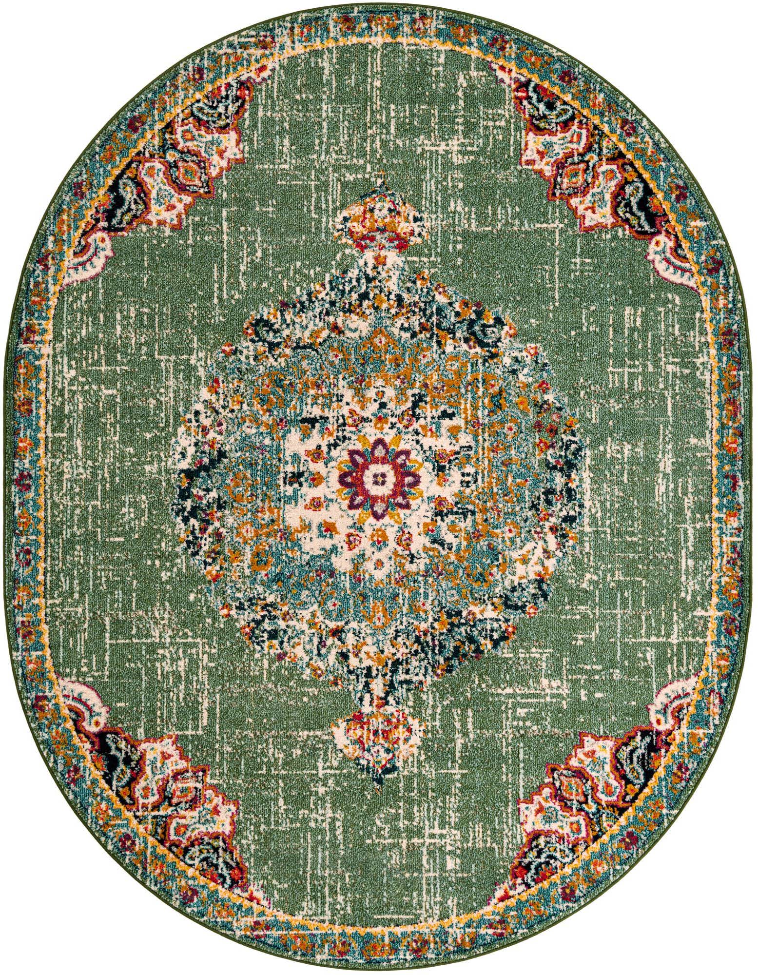 An oval 7' 10 x 10' 0 green area rug with a distressed traditional medallion pattern in vibrant red, blue, and gold.