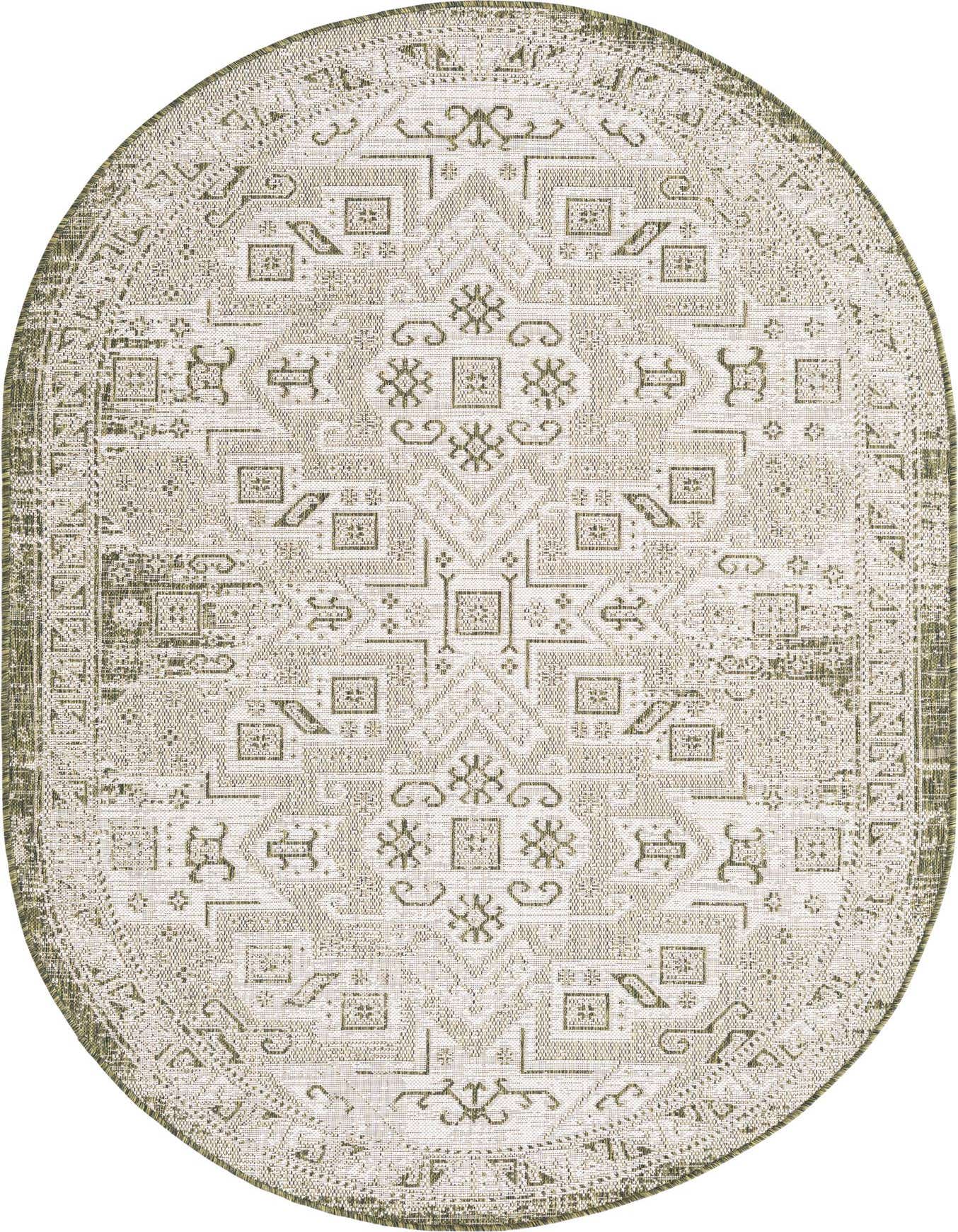 An oval 5'3" x 8'0" green and white Southwestern rug with a tribal geometric pattern, suitable for indoor or outdoor use.
