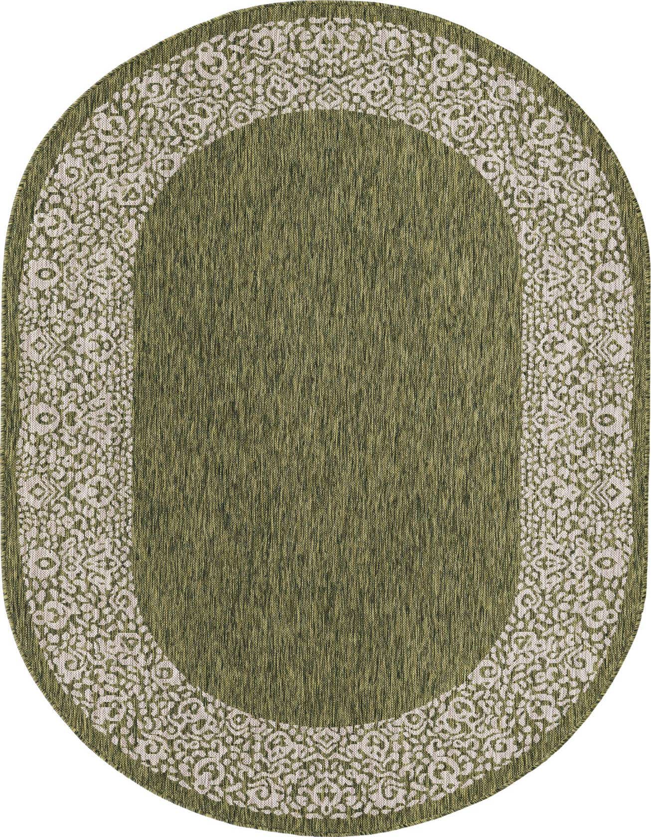 A 5'3" x 8'0" oval green indoor/outdoor rug with a light-colored, intricate border pattern.