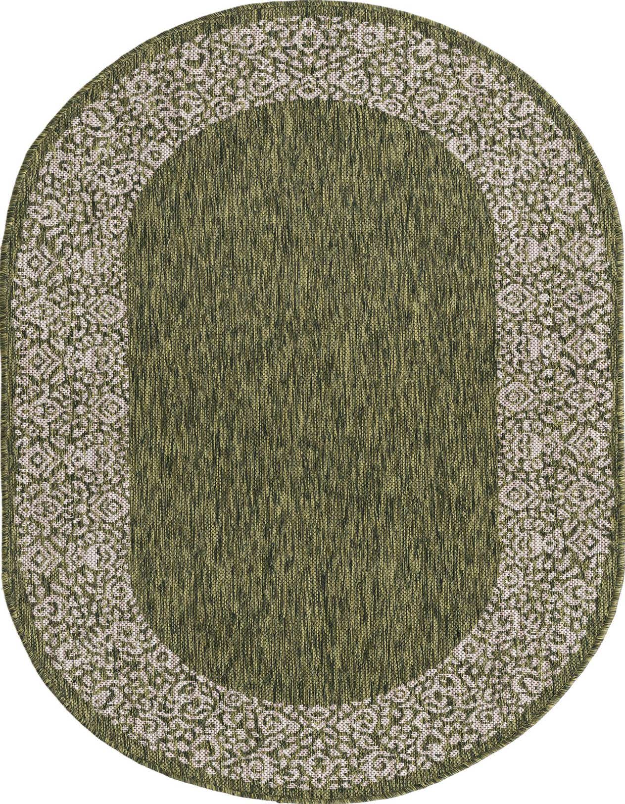 A 3' 0 x 5' 3 oval green indoor/outdoor rug with a light-colored modern border pattern, suitable for a patio.