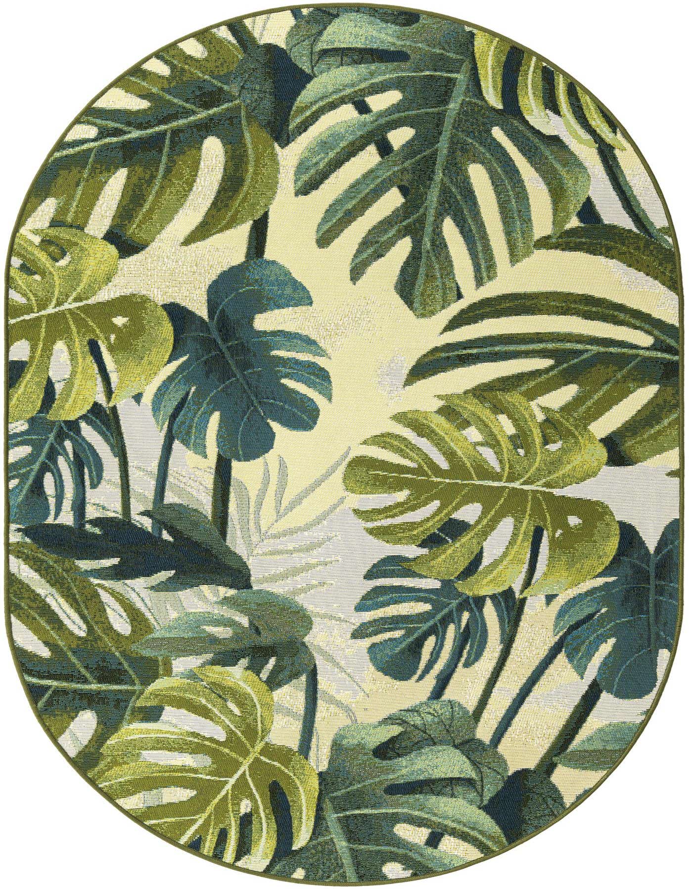 An oval 4'x6' indoor/outdoor rug featuring a vibrant botanical pattern of green monstera leaves on a light background.