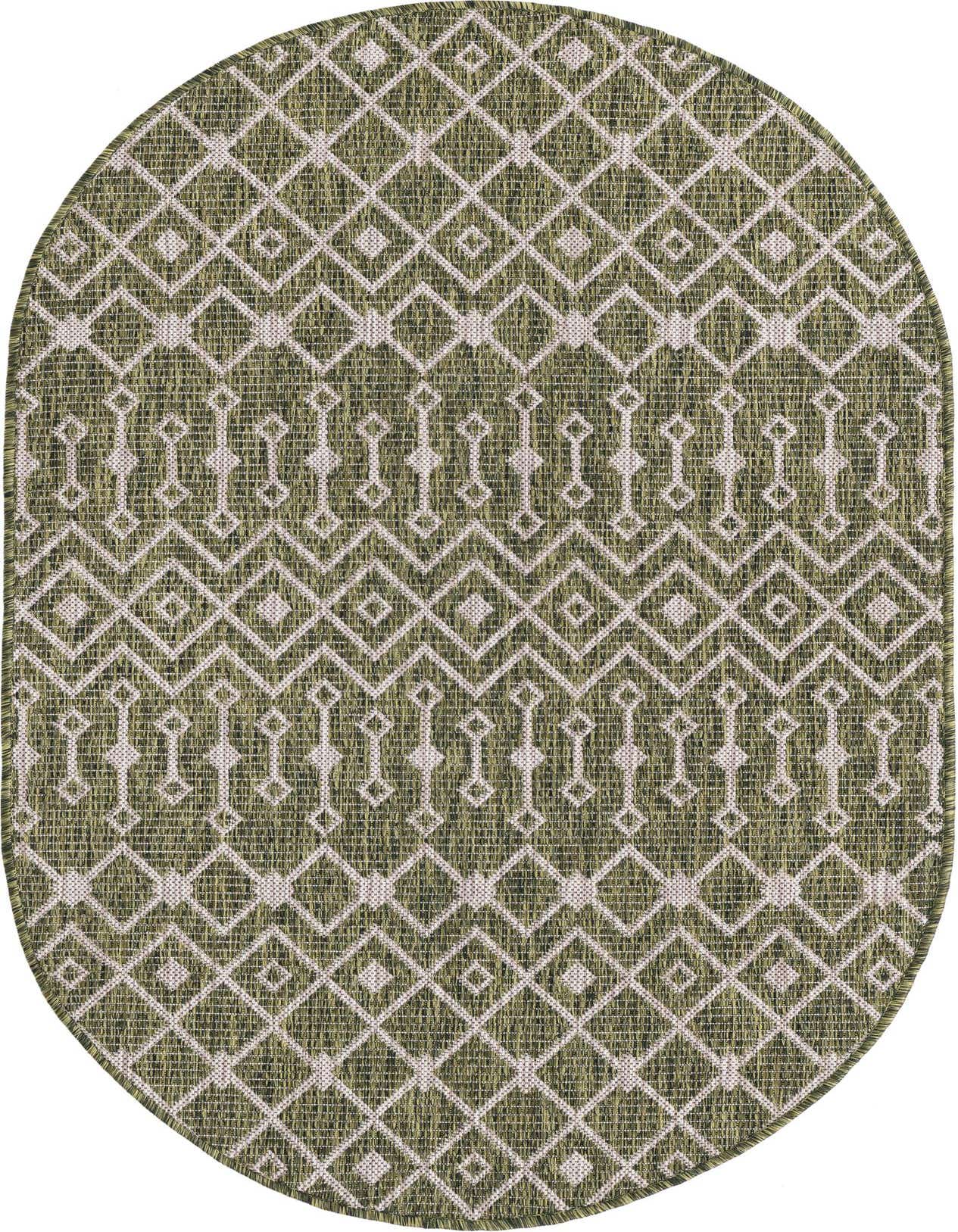 An oval 3' 0 x 5' 3 green indoor/outdoor rug with a repeating tribal diamond and bar pattern.