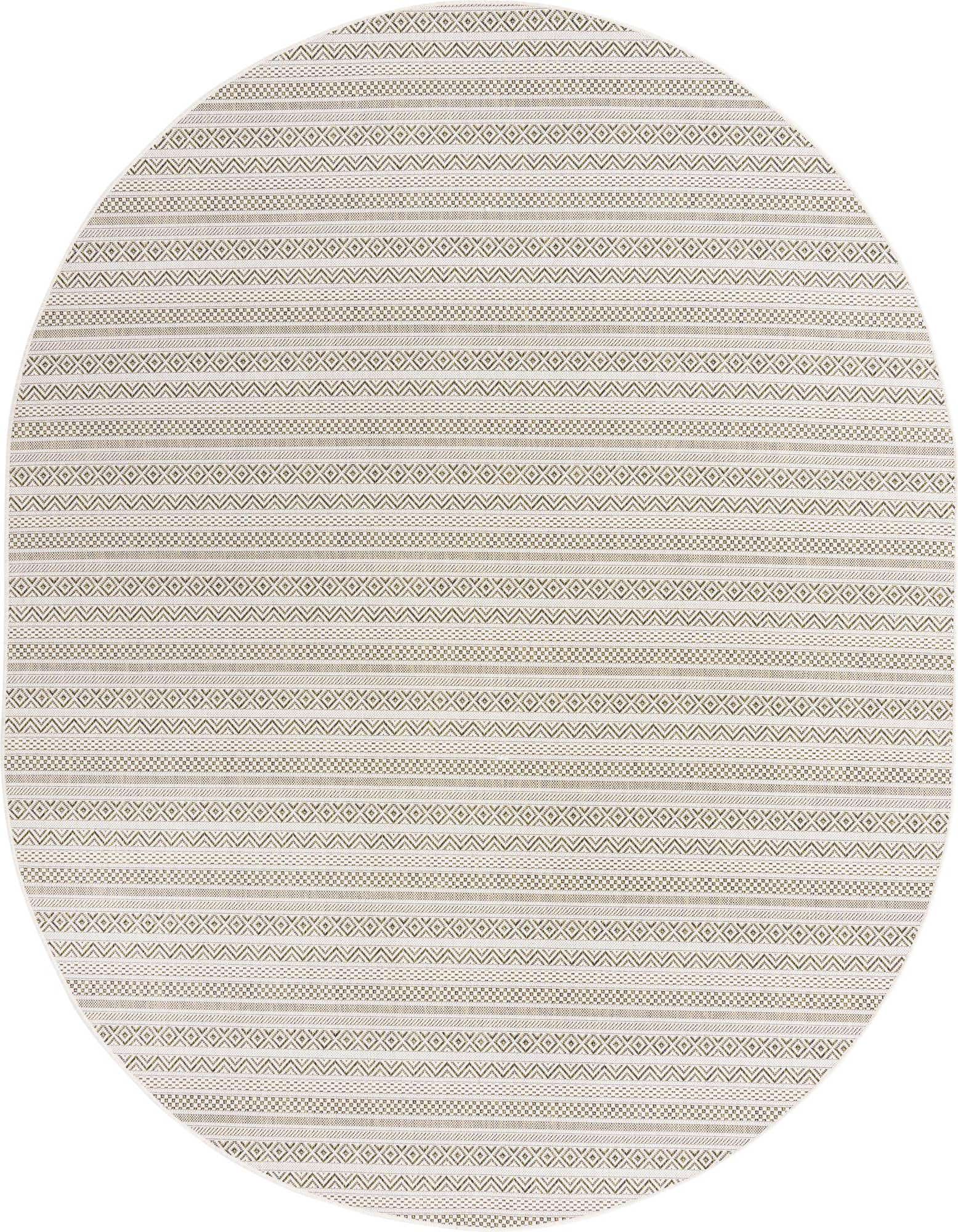 A 7' 10 x 10' 0 oval green tribal flatweave rug with a modern pattern, suitable for indoor/outdoor use.