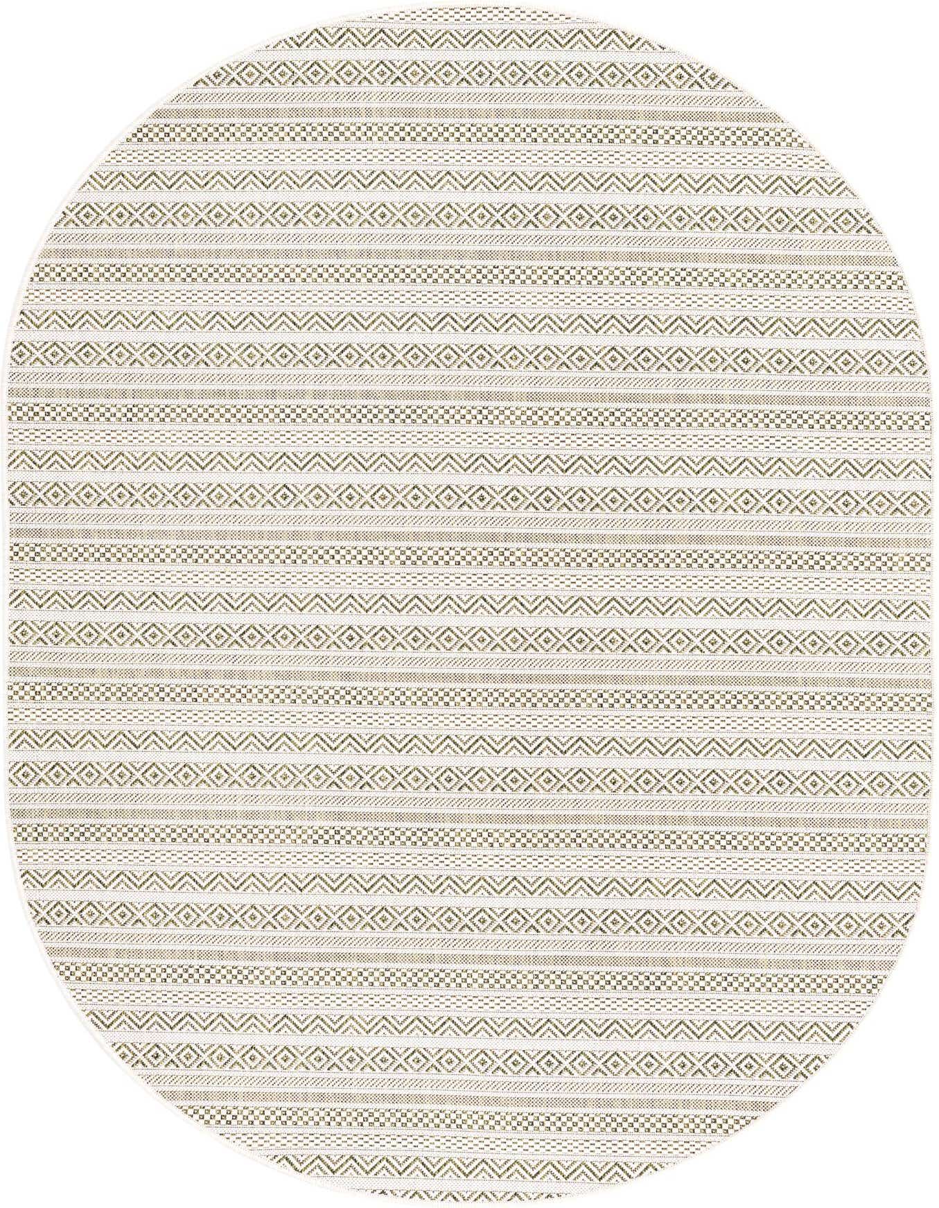 A 5'3" x 8'0" oval green and white tribal flatweave rug, ideal for indoor or outdoor use.