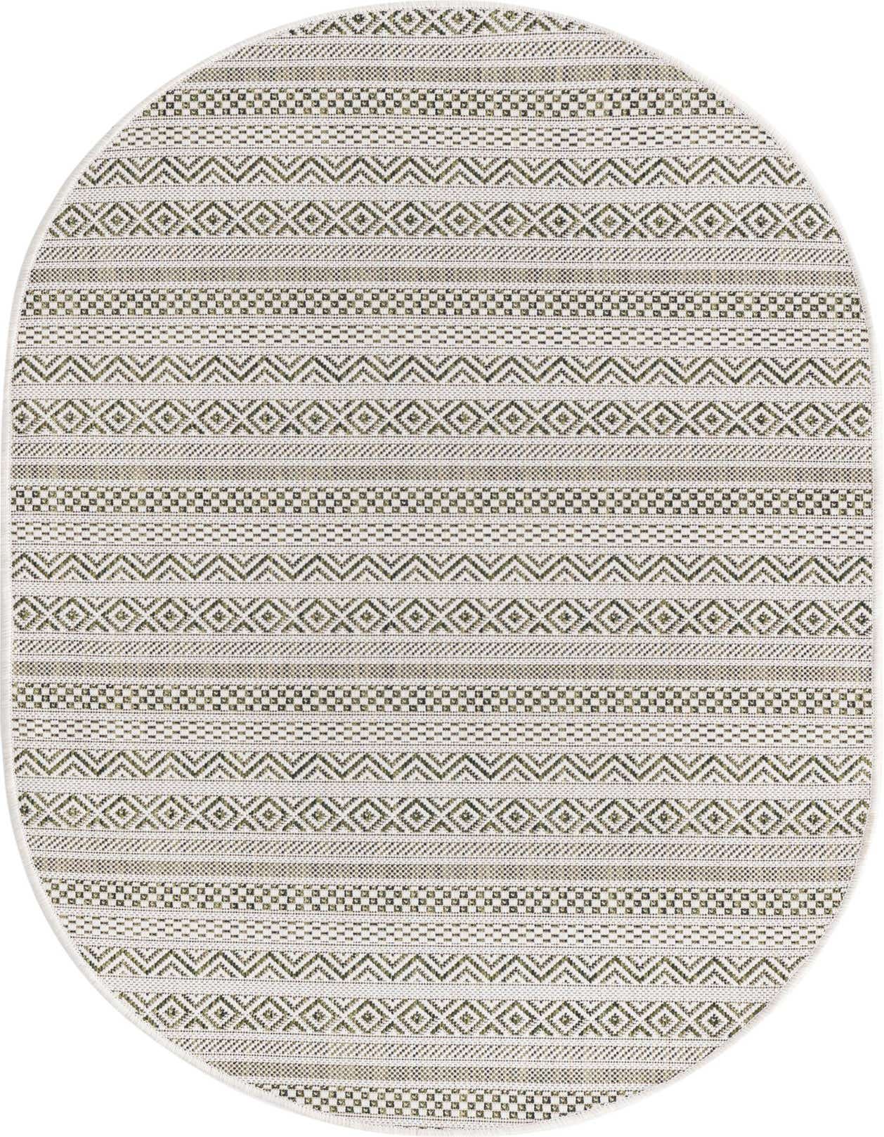 A 3' 0 x 5' 3 oval green and white tribal flatweave rug, ideal for indoor or outdoor spaces like a patio.