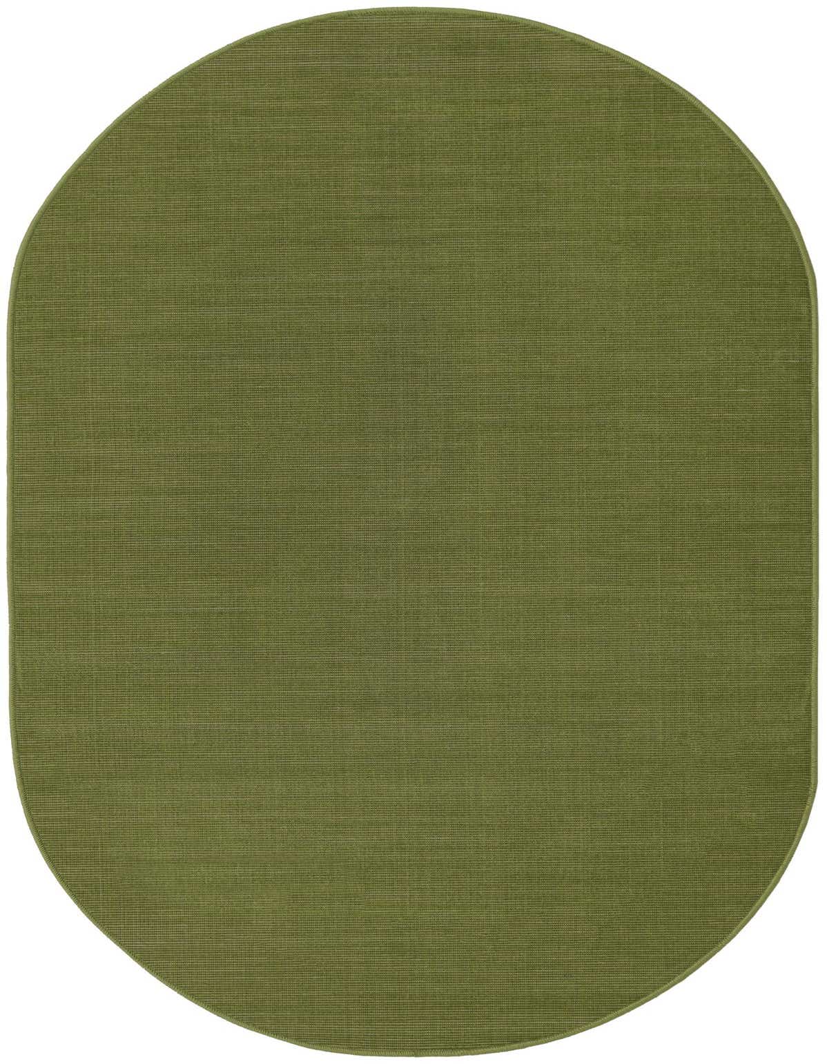 A 3' 0 x 5' 3 oval green flatweave rug made from polypropylene, suitable for indoor use.