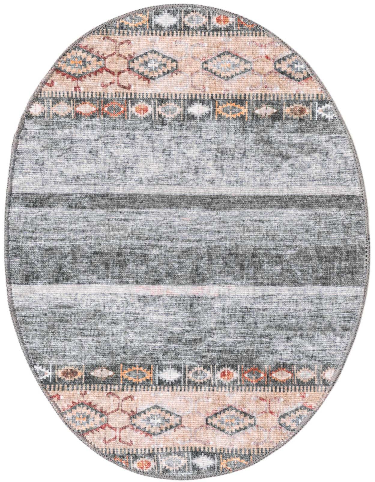A 2'x3' oval green transitional rug with tribal patterns and stripes, suitable for various indoor spaces.