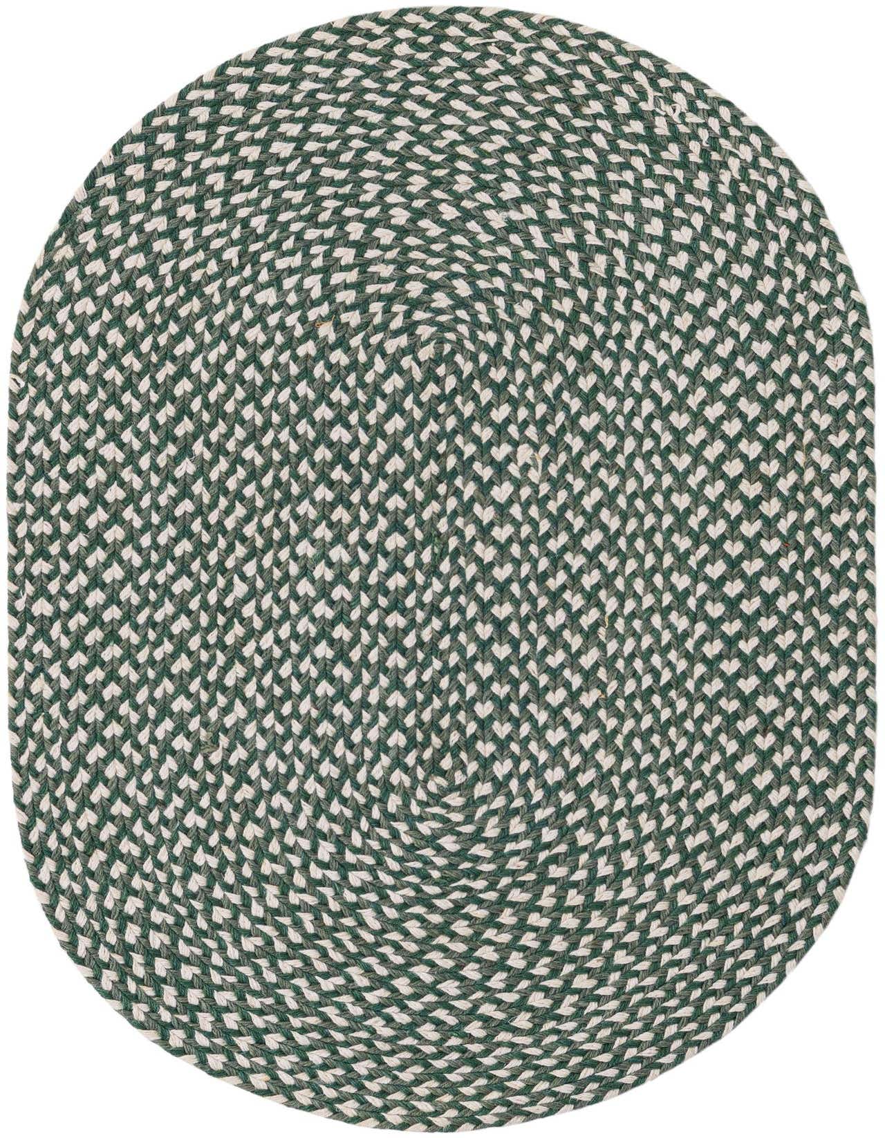 A 2' 0 x 3' 1 oval braided jute rug in varying shades of green, suitable for a patio.
