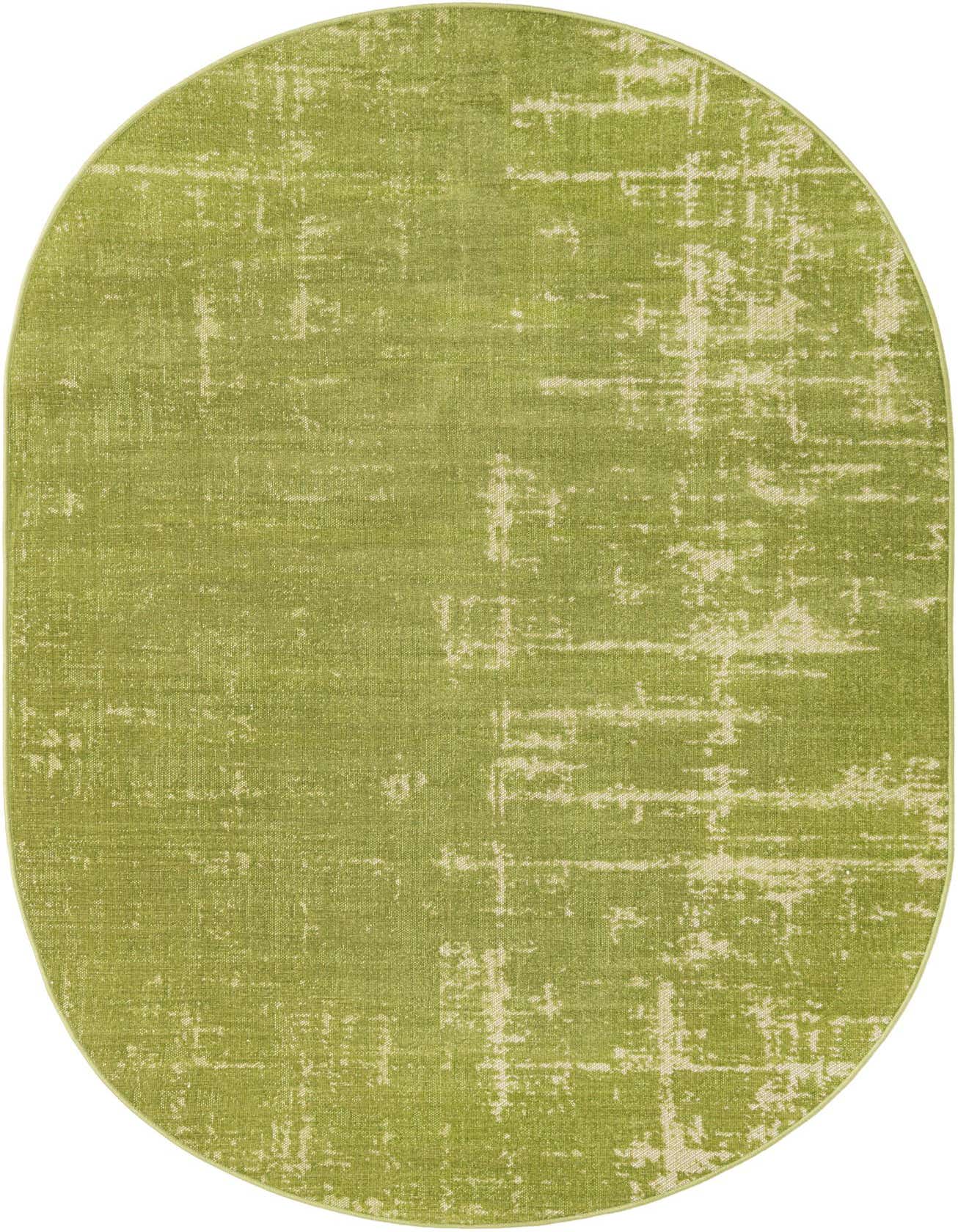 A 5' 3 x 8' 0 oval green modern area rug with a distressed pattern, suitable for a patio.