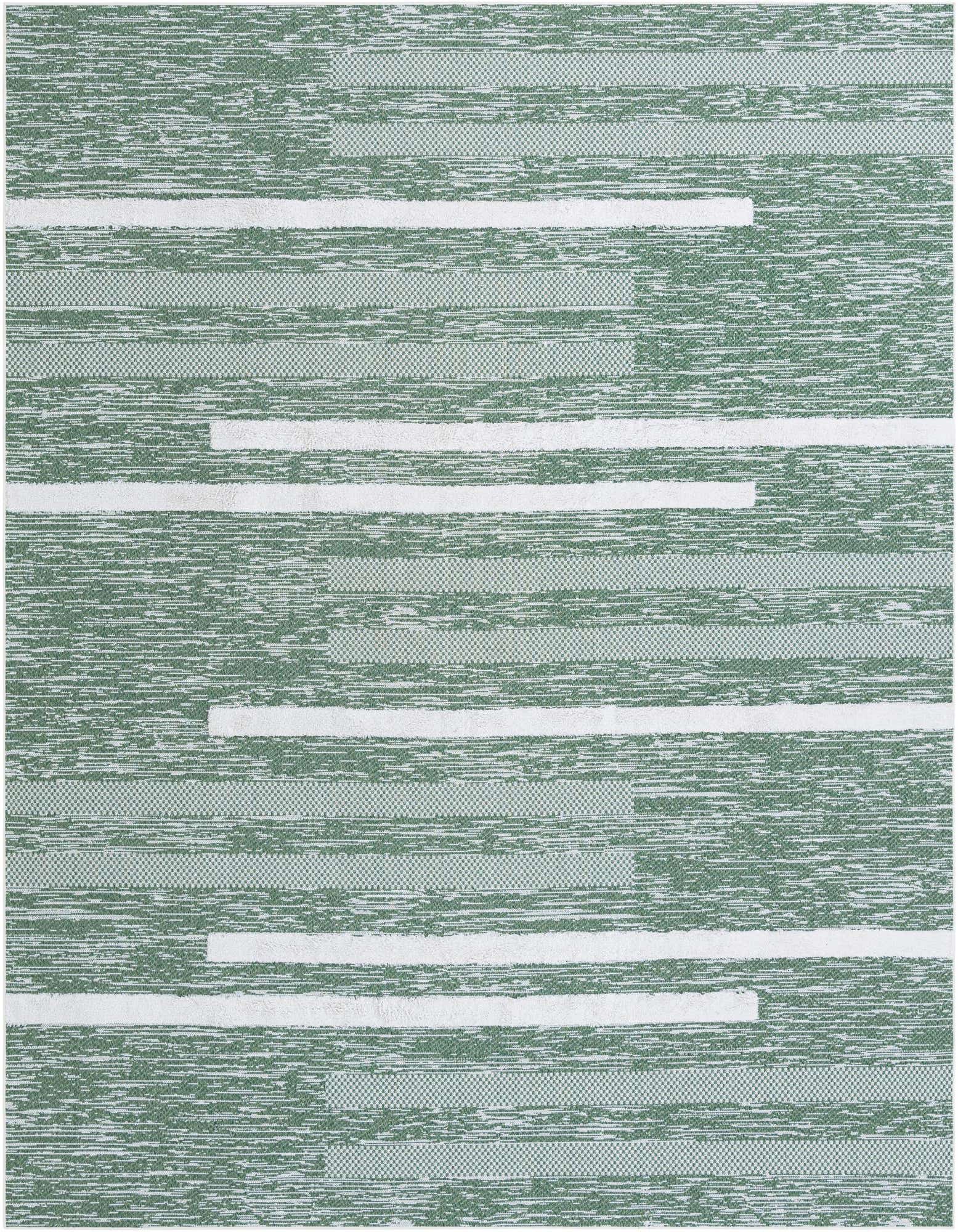 A 9x12 rectangular Abbey rug featuring a modern stripe pattern in varying shades of green and white, with textured high/low pile.