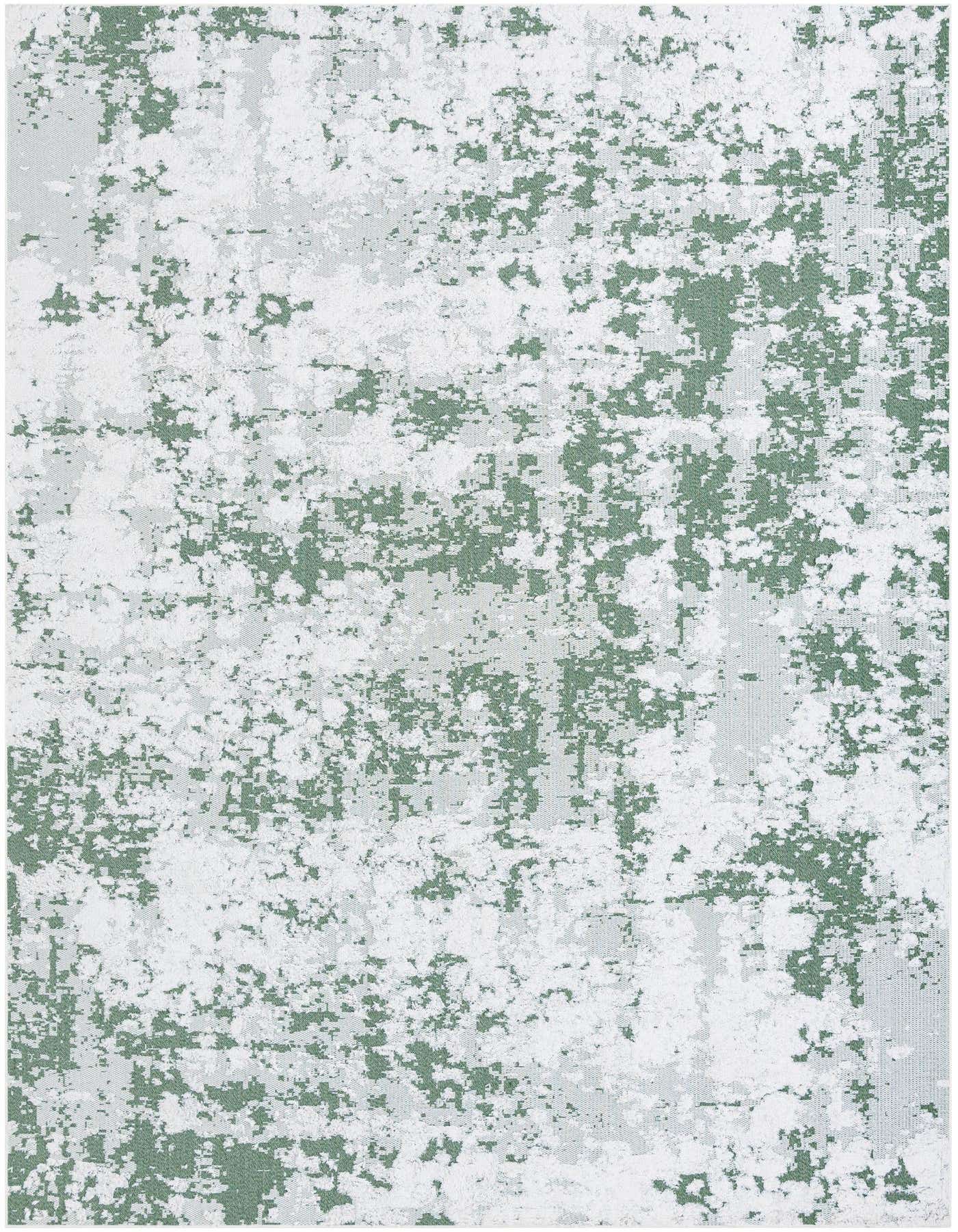 A 10x14 rectangular Rugs.com Abbey rug featuring an abstract pattern in shades of green and white, ideal for a contemporary indoor space.