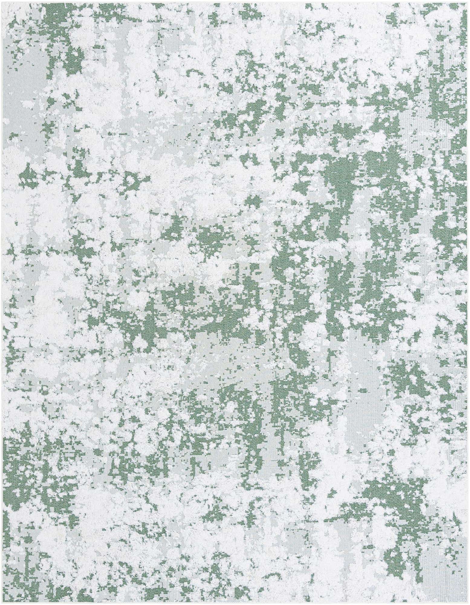 A 9x12 rectangular Abbey Collection rug from Rugs.com featuring an abstract pattern in varying shades of green and white, ideal for a contemporary living room.