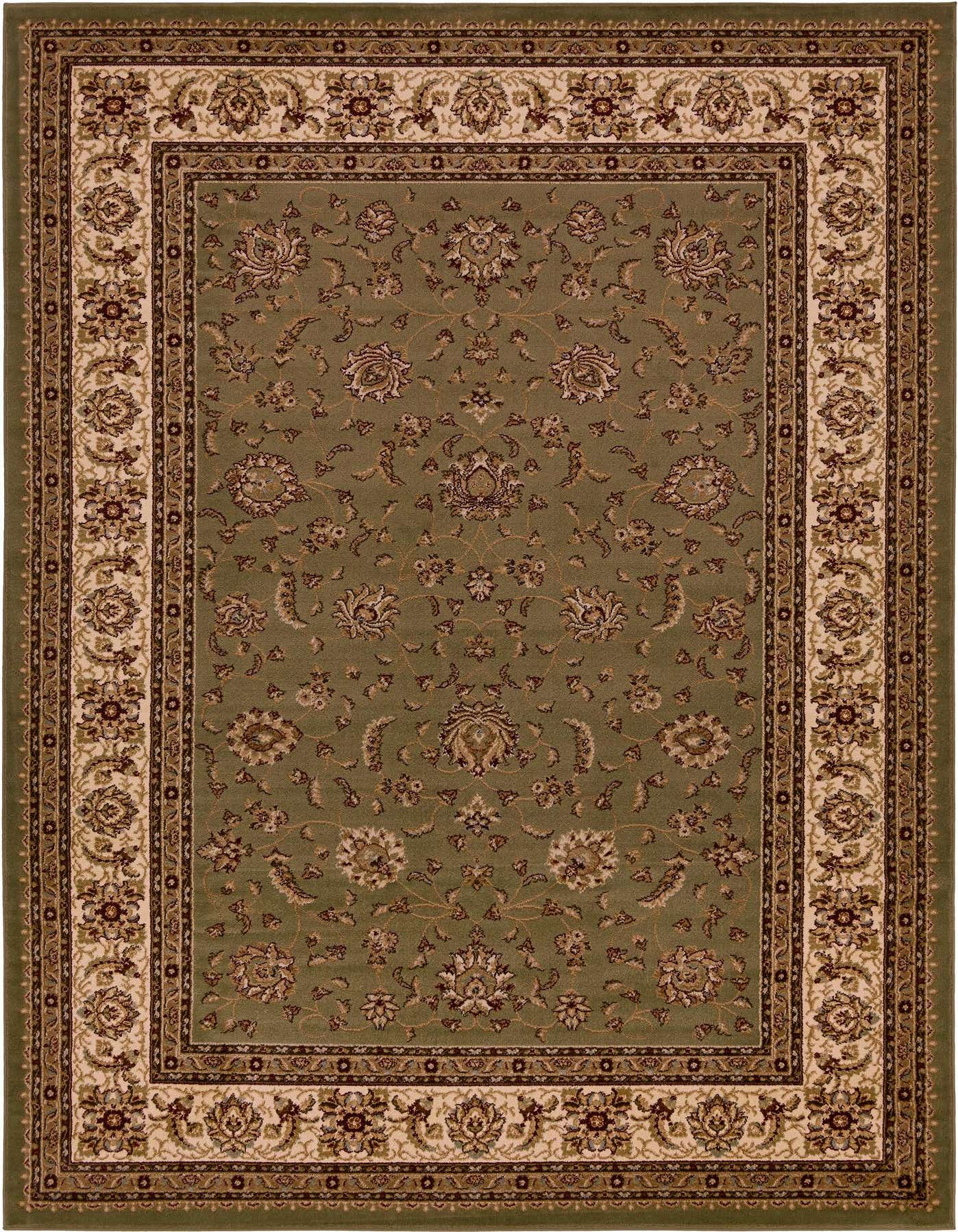 An 8x11 rectangular Aditi traditional area rug in shades of green with an ornate floral and oriental pattern.